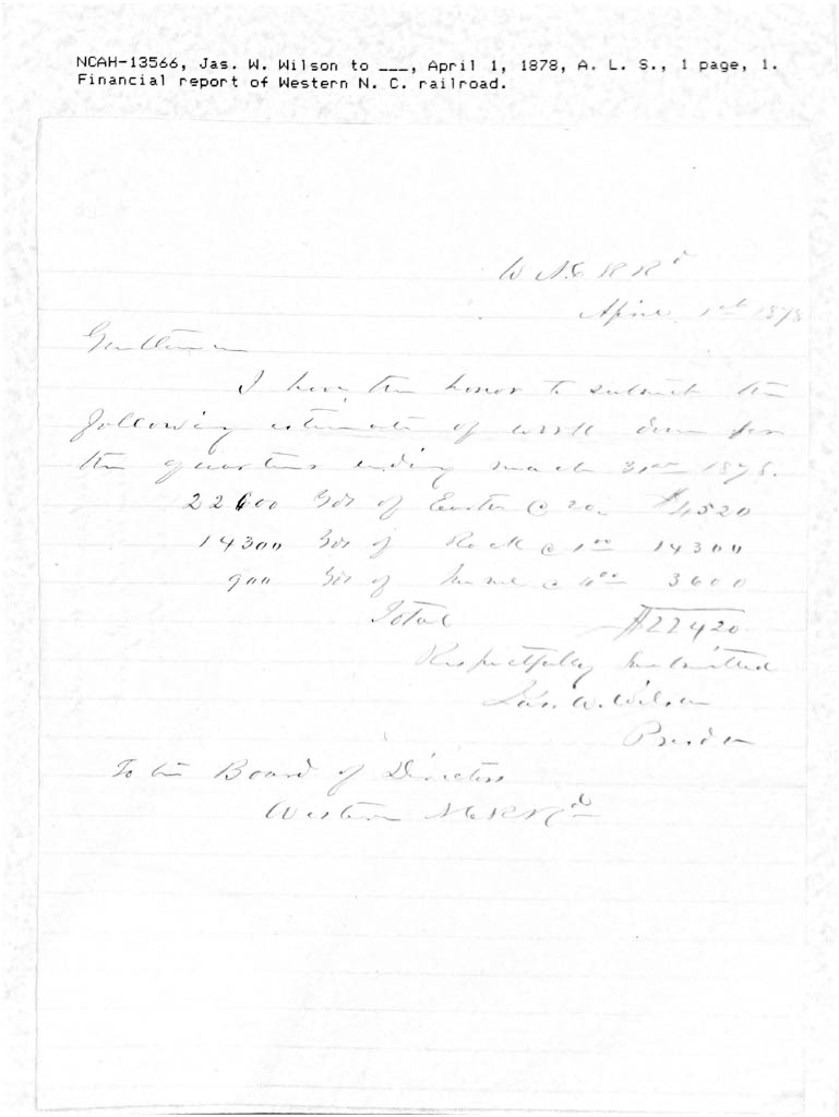 Letter from James W. Wilson to Zebulon B. Vance, 1 April 1878