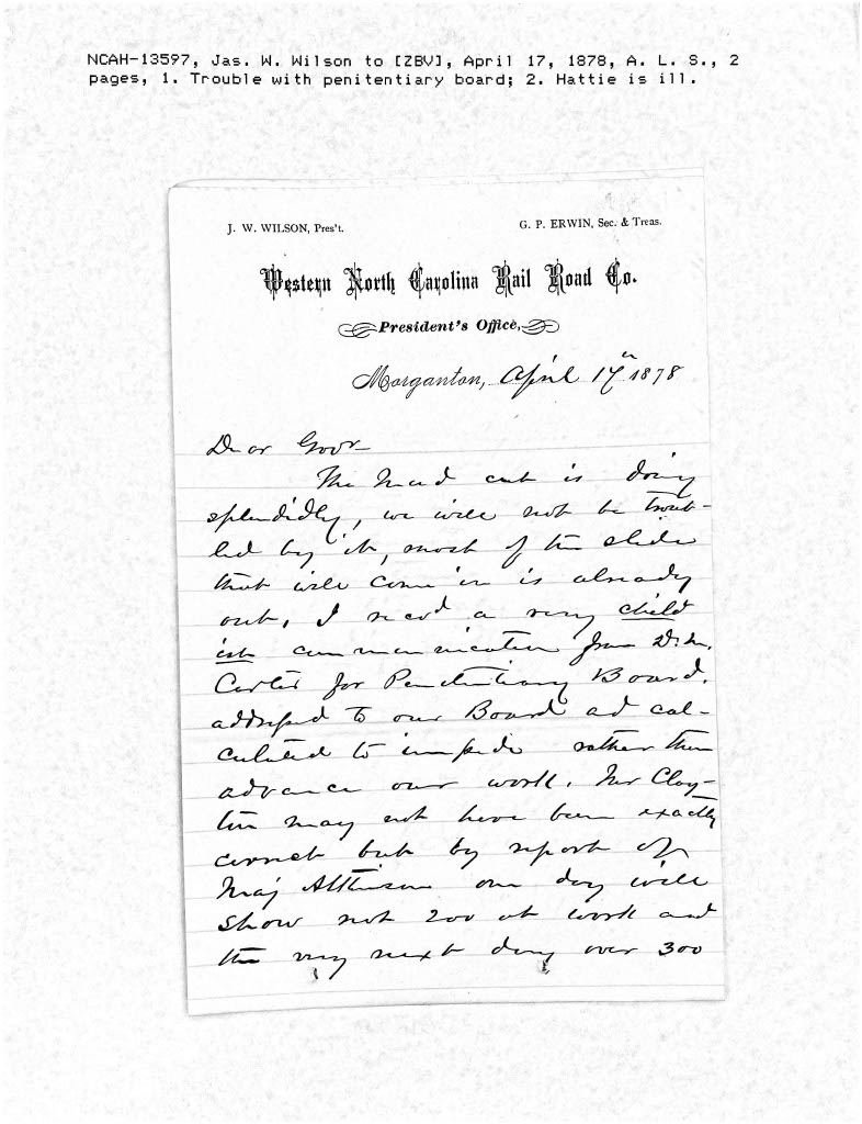 Letter from James W. Wilson to Zebulon B. Vance, 17 April 1878