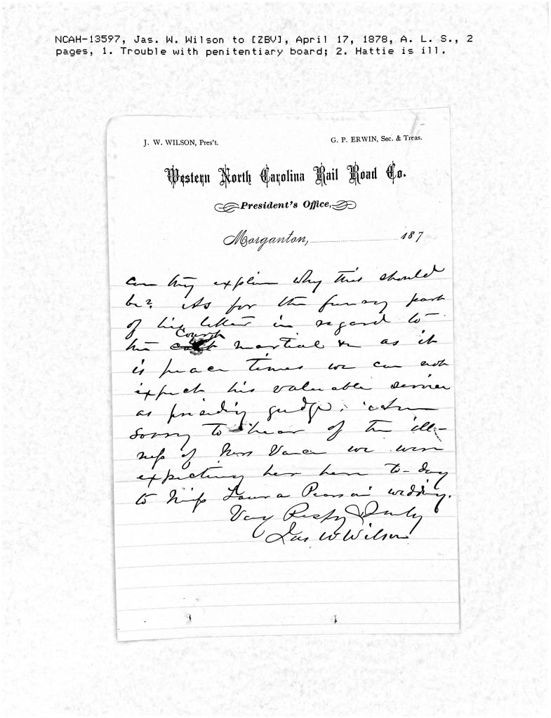 Letter from James W. Wilson to Zebulon B. Vance, 17 April 1878