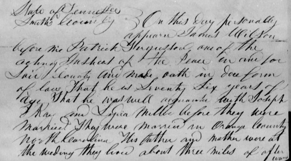 Affidavit of James Ellison in support of a Pension Claim for Lydia Ray, circa 11 September 1837, page 1
