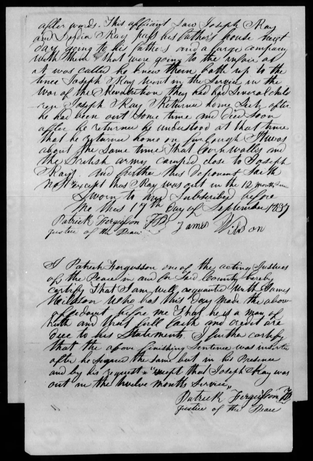 Affidavit of James Ellison in support of a Pension Claim for Lydia Ray, circa 11 September 1837, page 2
