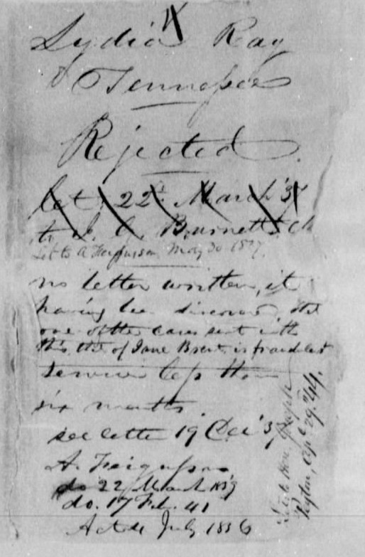 Docket for Pension from the U.S. Pension Office for Lydia Ray, 19 December 1837
