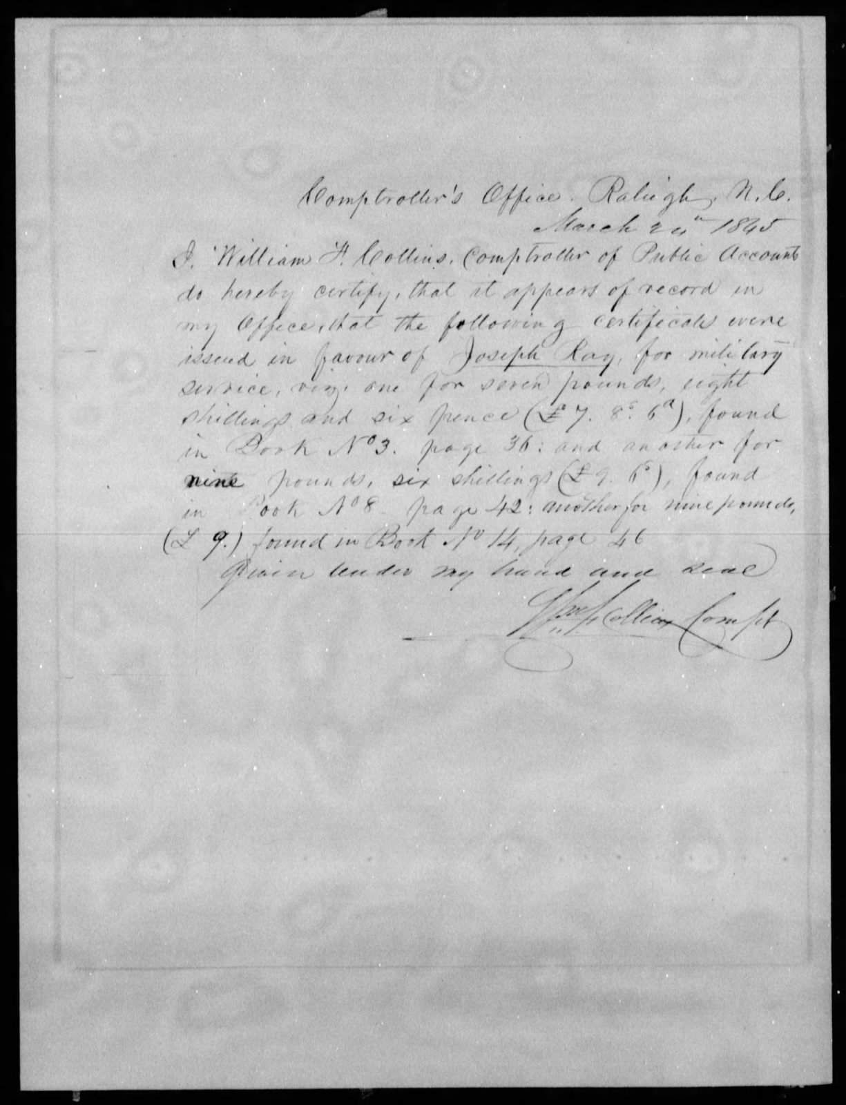 Proof of Service for Joseph Ray, 24 March 1845