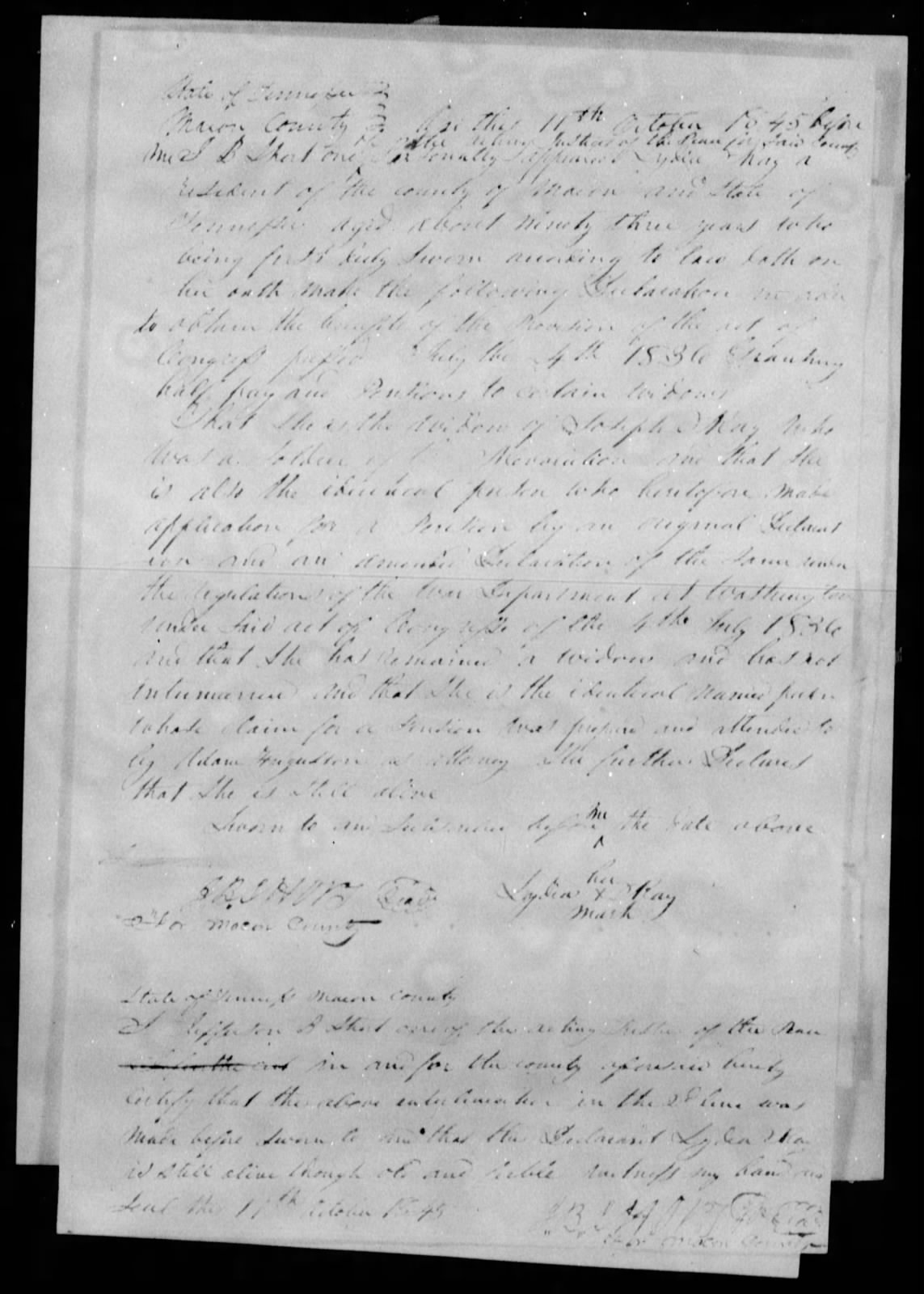 Application for a Widow's Pension from Lydia Ray, 11 October 1845, page 1