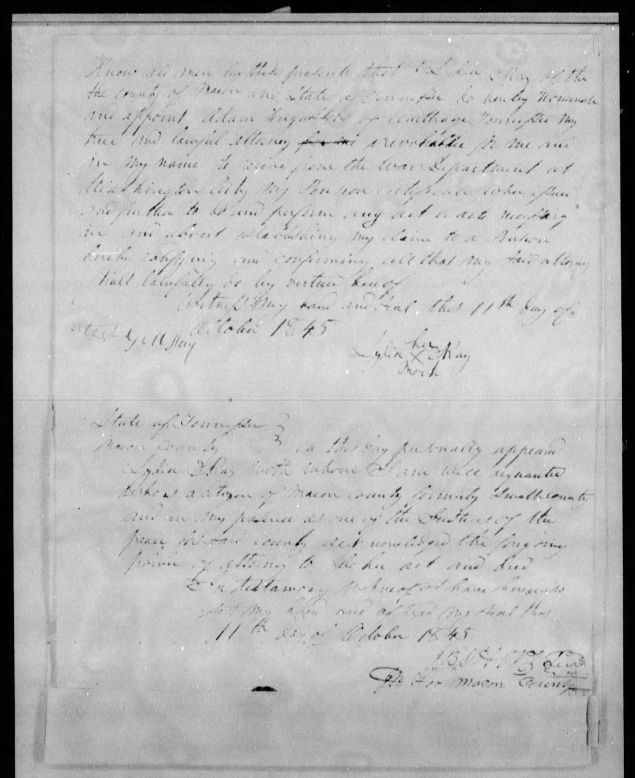 Application for a Widow's Pension from Lydia Ray, 11 October 1845, page 2