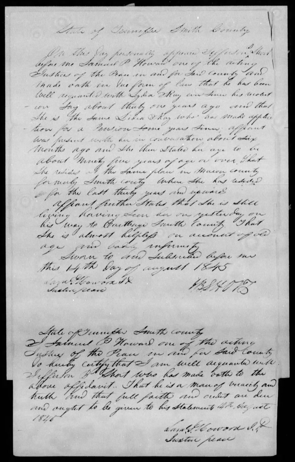 Affidavit of Jefferson B. Short in support of a Pension Claim for Lydia Ray, 14 August 1845, page 1