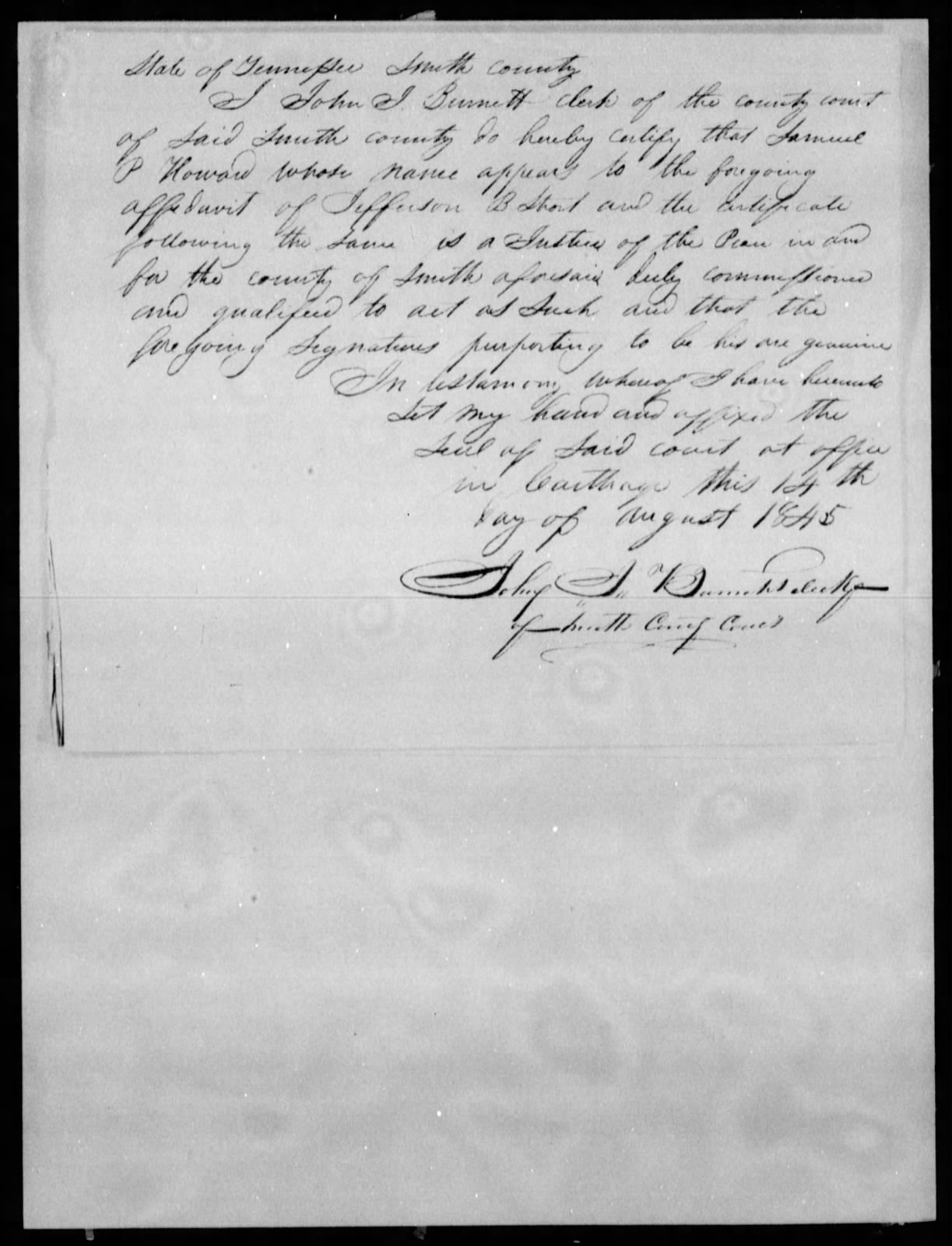 Affidavit of Jefferson B. Short in support of a Pension Claim for Lydia Ray, 14 August 1845, page 2