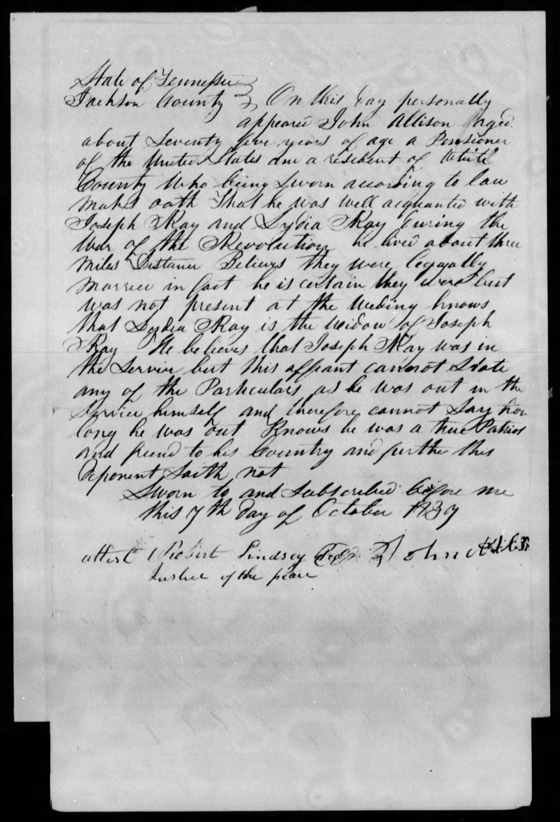 Affidavit of John Allison in support of a Pension Claim for Lydia Ray, 7 October 1837