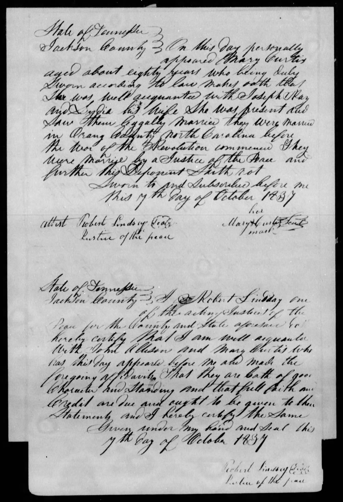 Affidavit of Mary Curtis in support of a Pension Claim for Lydia Ray, 7 October 1837