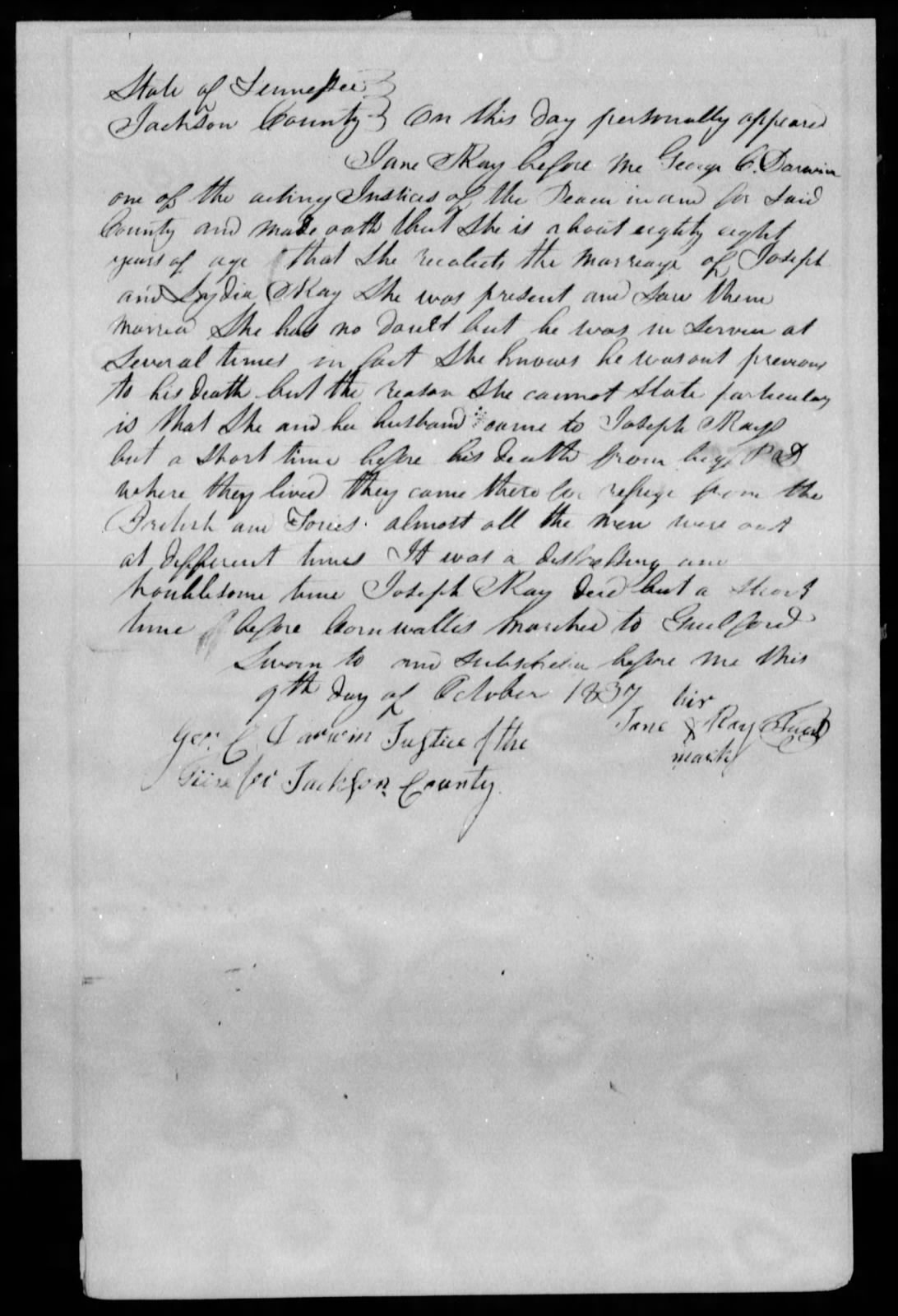 Affidavit of Jane Ray in support of a Pension Claim for Lydia Ray, 9 October 1837