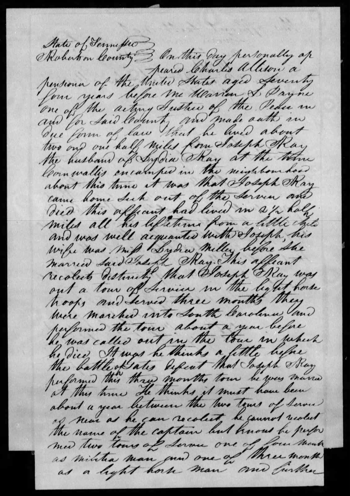 Affidavit of Charles Ellison in support of a Pension Claim for Lydia Ray, 22 October 1838, page 1