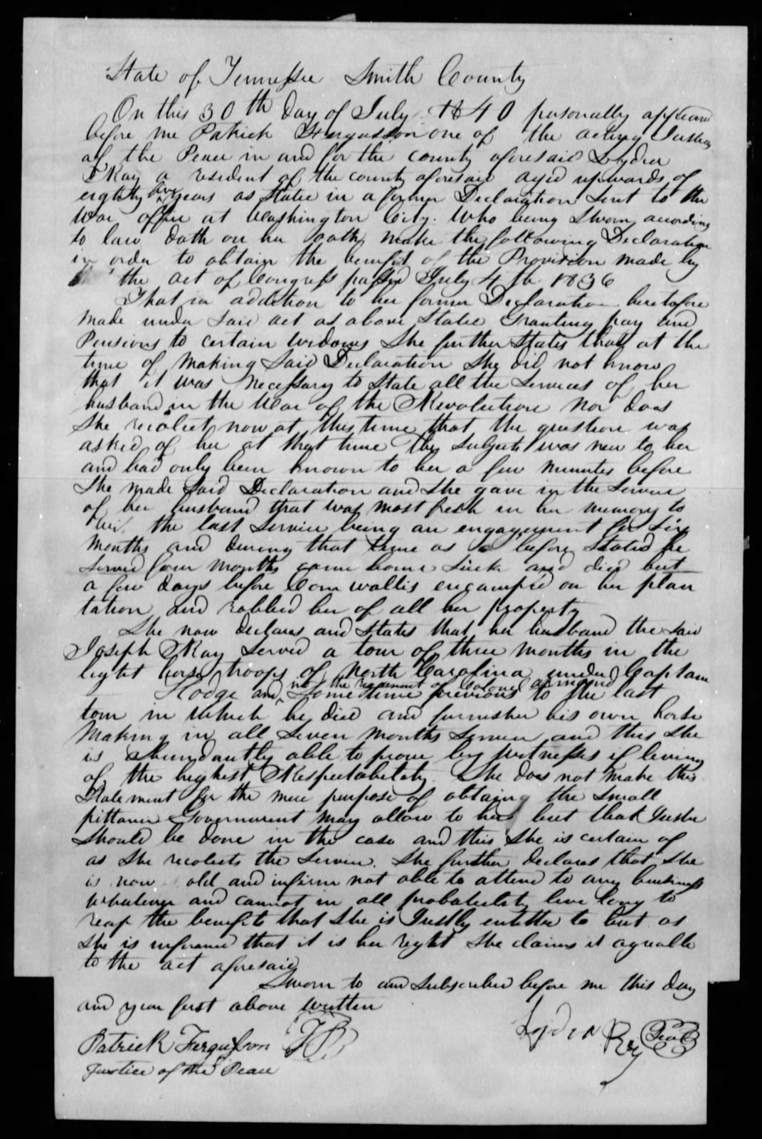Application for a Widow's Pension from Lydia Ray, 30 July 1840, page 1