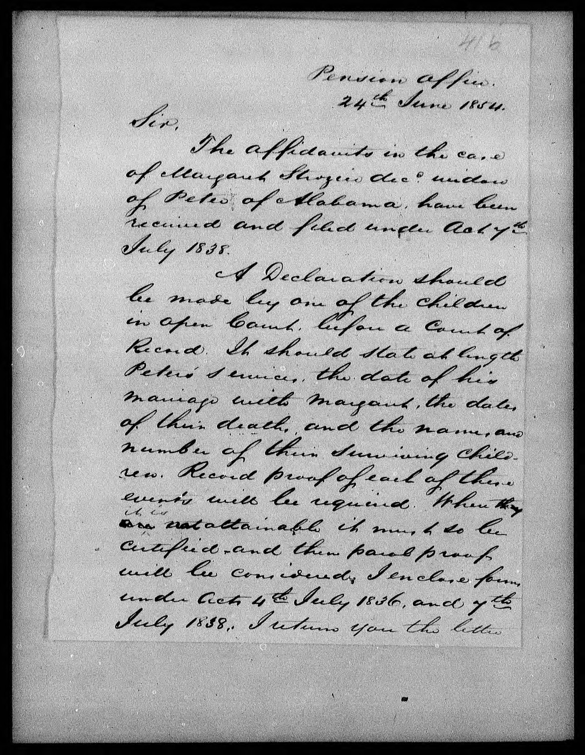 Letter from the U.S. Pension Office to J. F. Dowdell, 24 June 1854, page 1