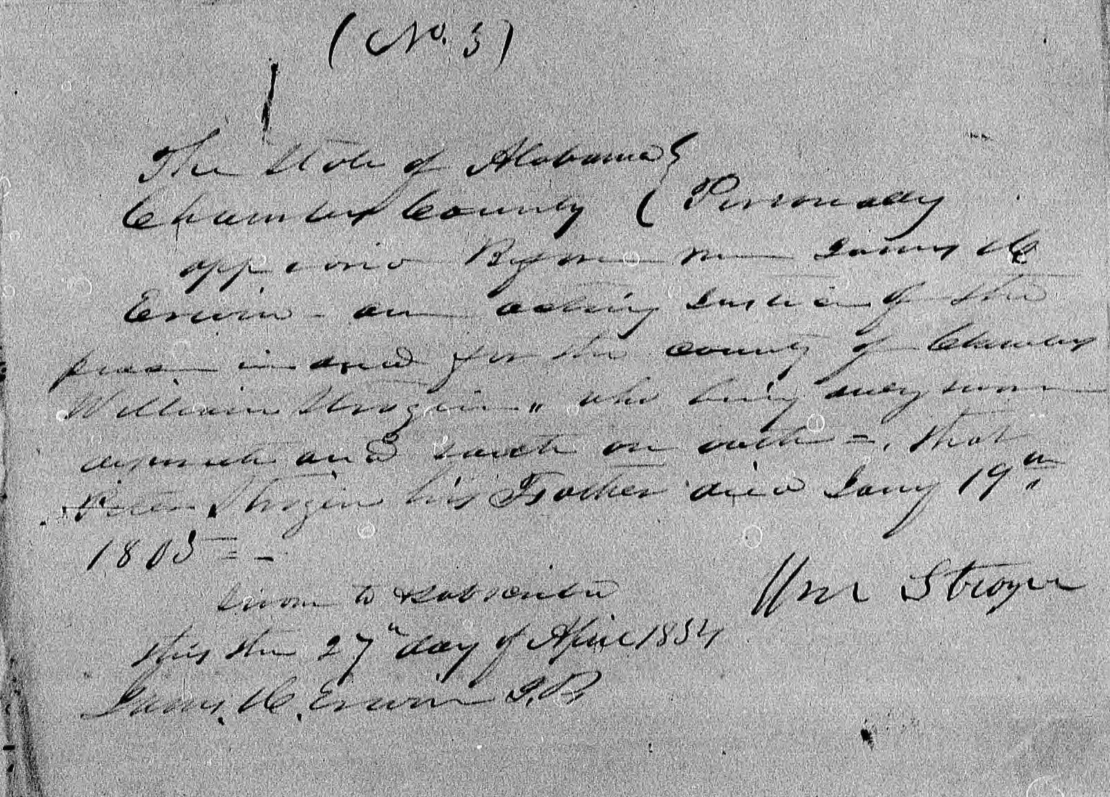 Affidavit of William Strozier in support of a Pension Claim for Margaret Strozier, 27 April 1854