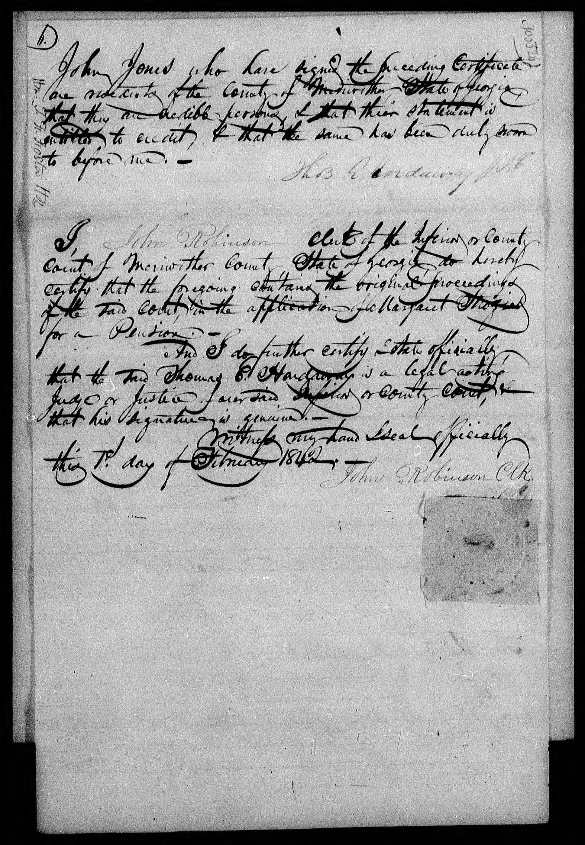 Application for a Widow's Pension from Margaret Strozier, 1 February 1842, page 6