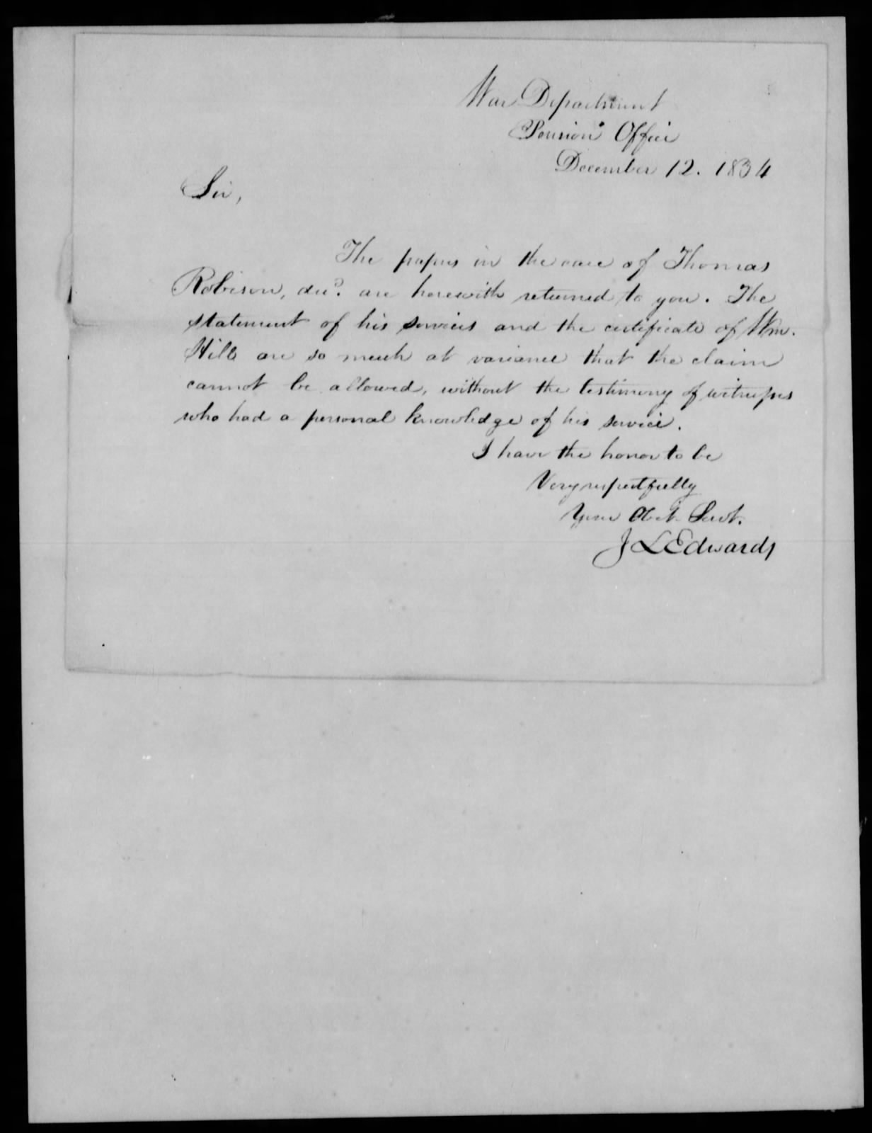 Letter from James L. Edwards to John Blair, 12 December 1834