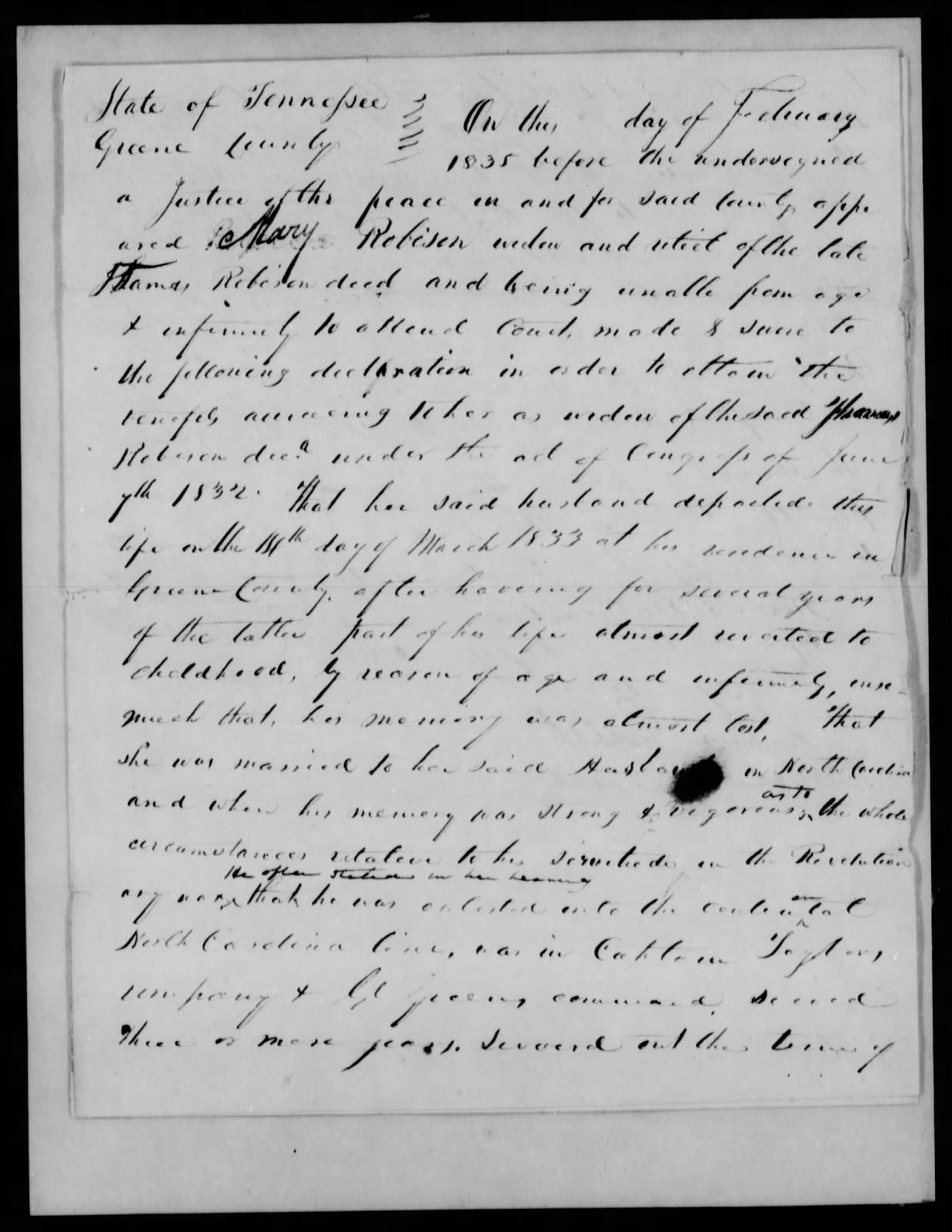 Application for a Widow's Pension from Mary Robison, February 1835, page 1