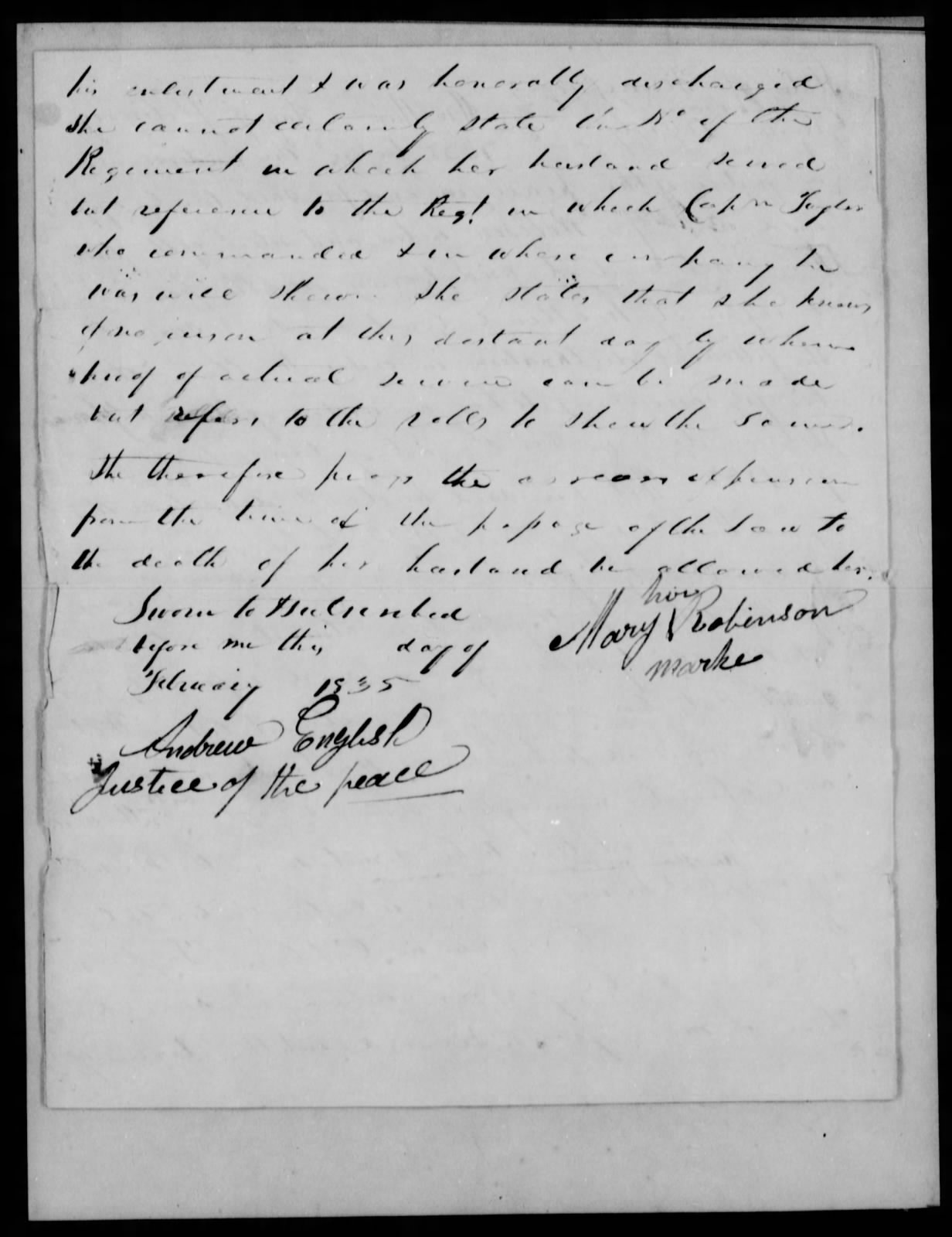 Application for a Widow's Pension from Mary Robison, February 1835, page 2