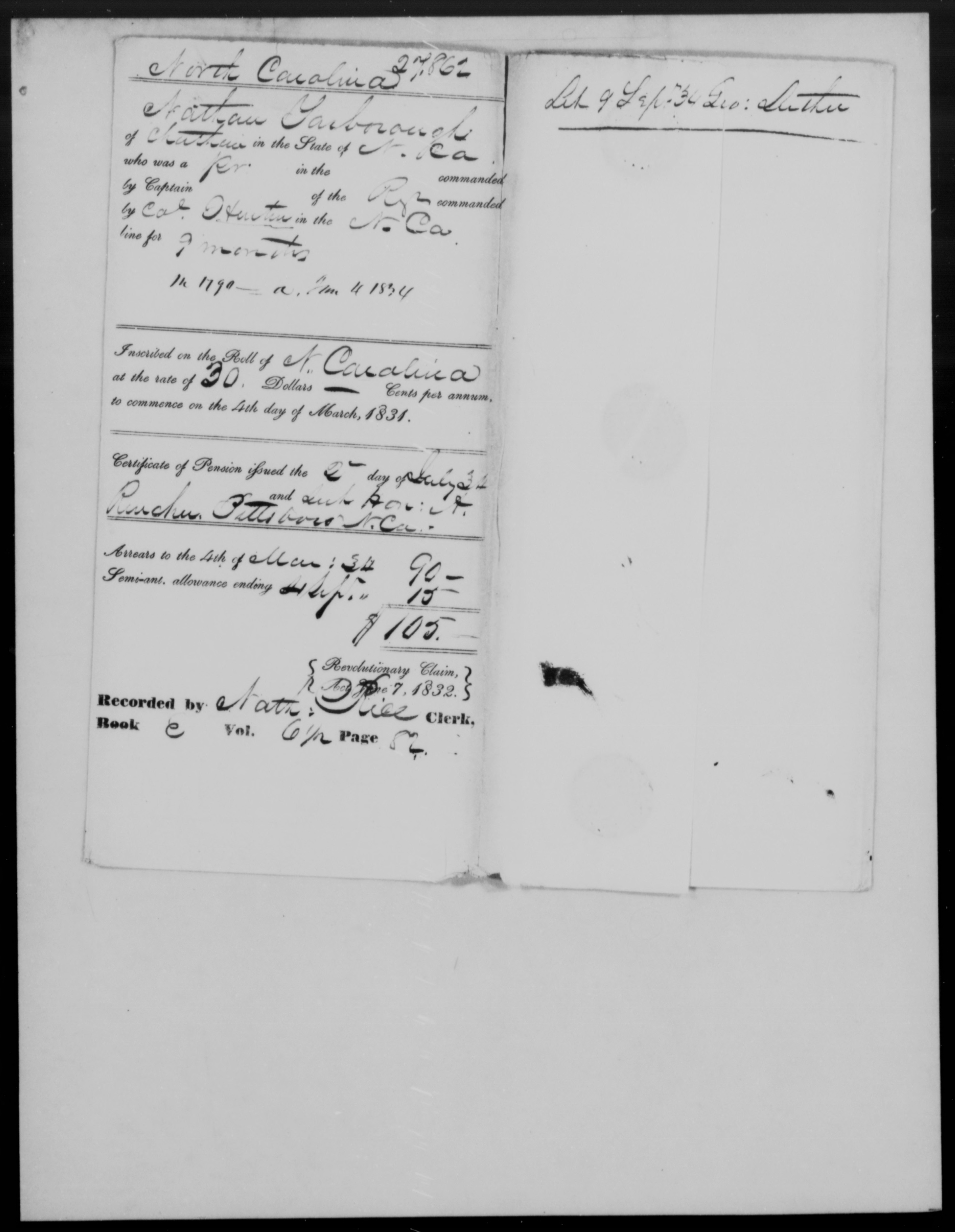 Docket for Pension from the U.S. Pension Office for Nathan Yarborough, 2 July 1834