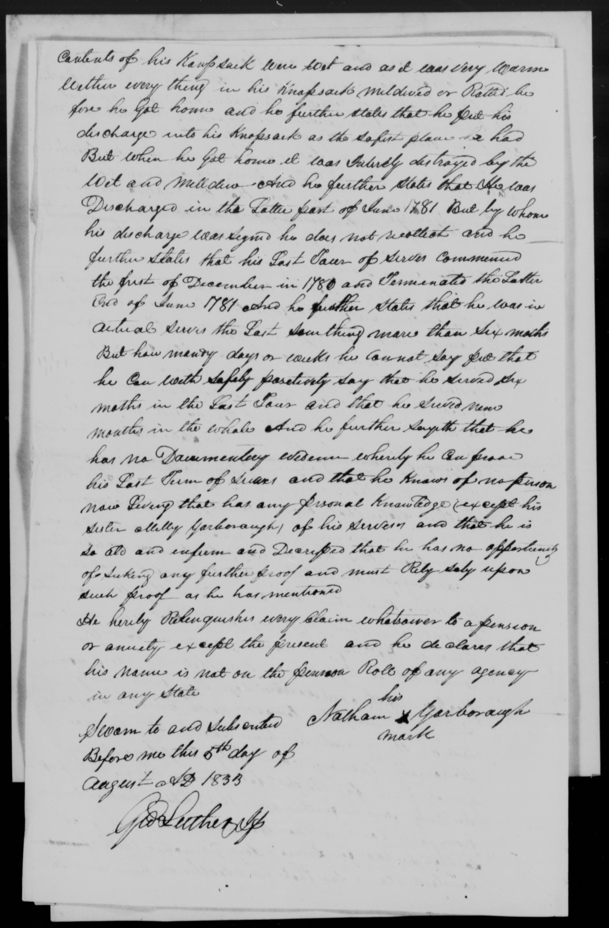 Application for a Veteran's Pension from Nathan Yarborough, 5 August 1833, page 4