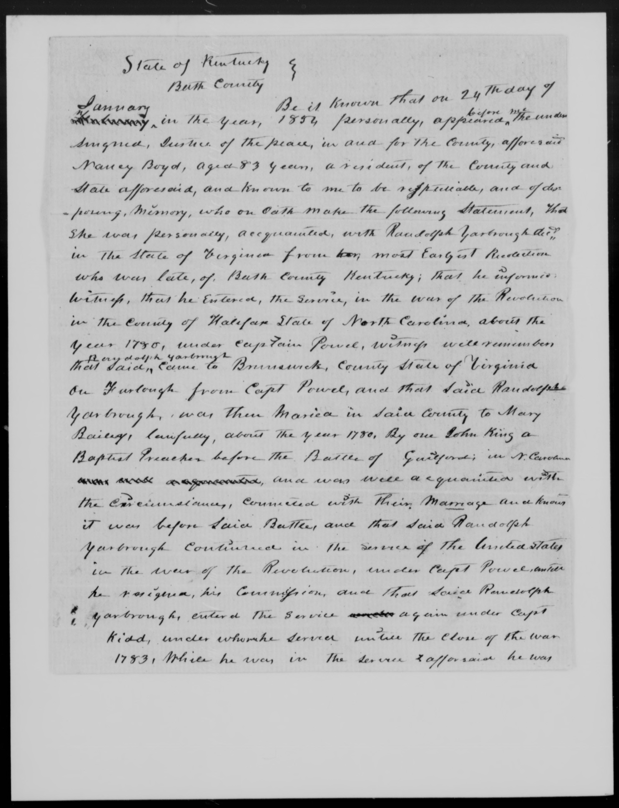 Affidavit of Nancy Boyd in support of a Pension Claim for Mary Yarborough, 24 January 1854, page 1