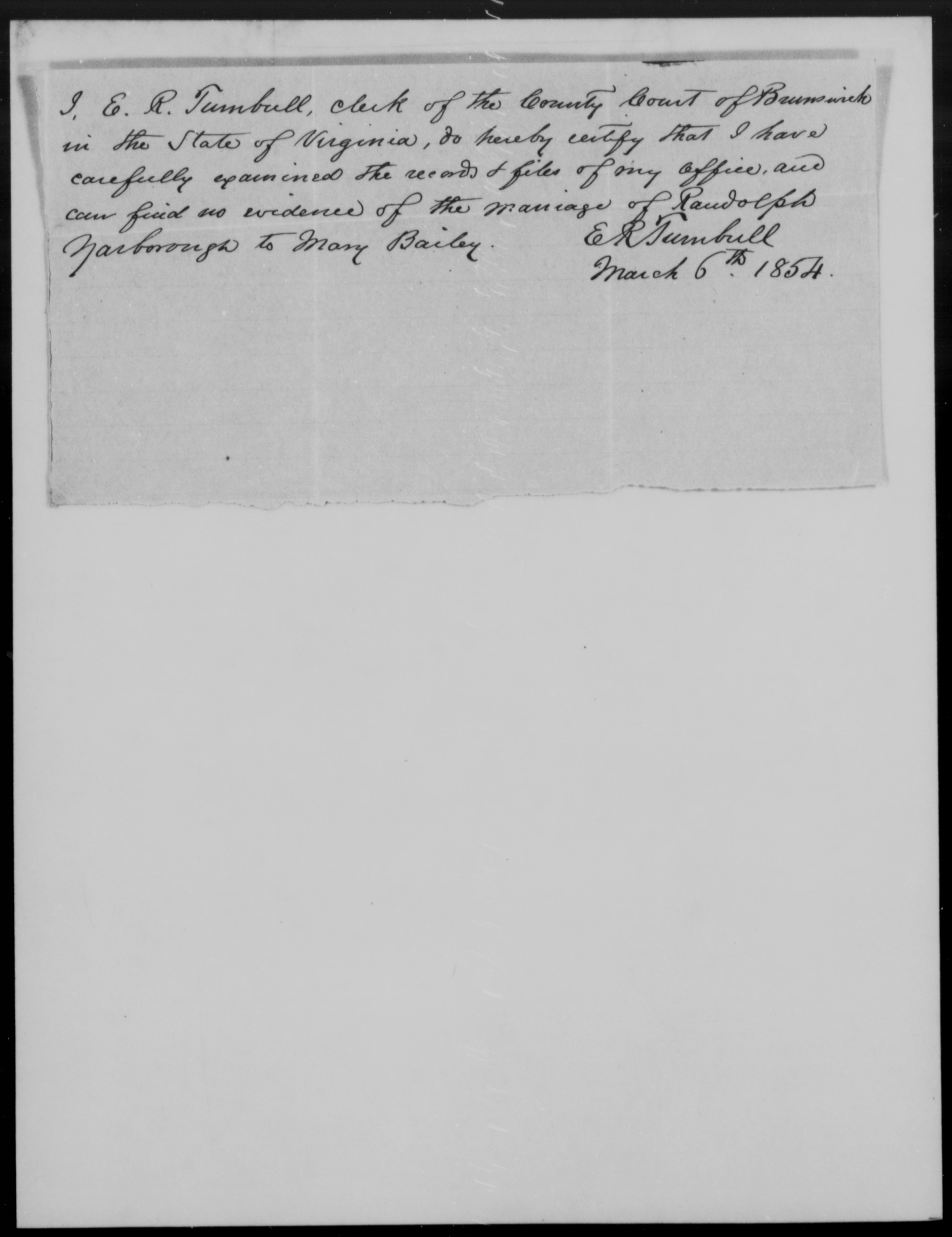 Proof of Marriage for Randolph Yarborough and Mary Bailey, 6 March 1854