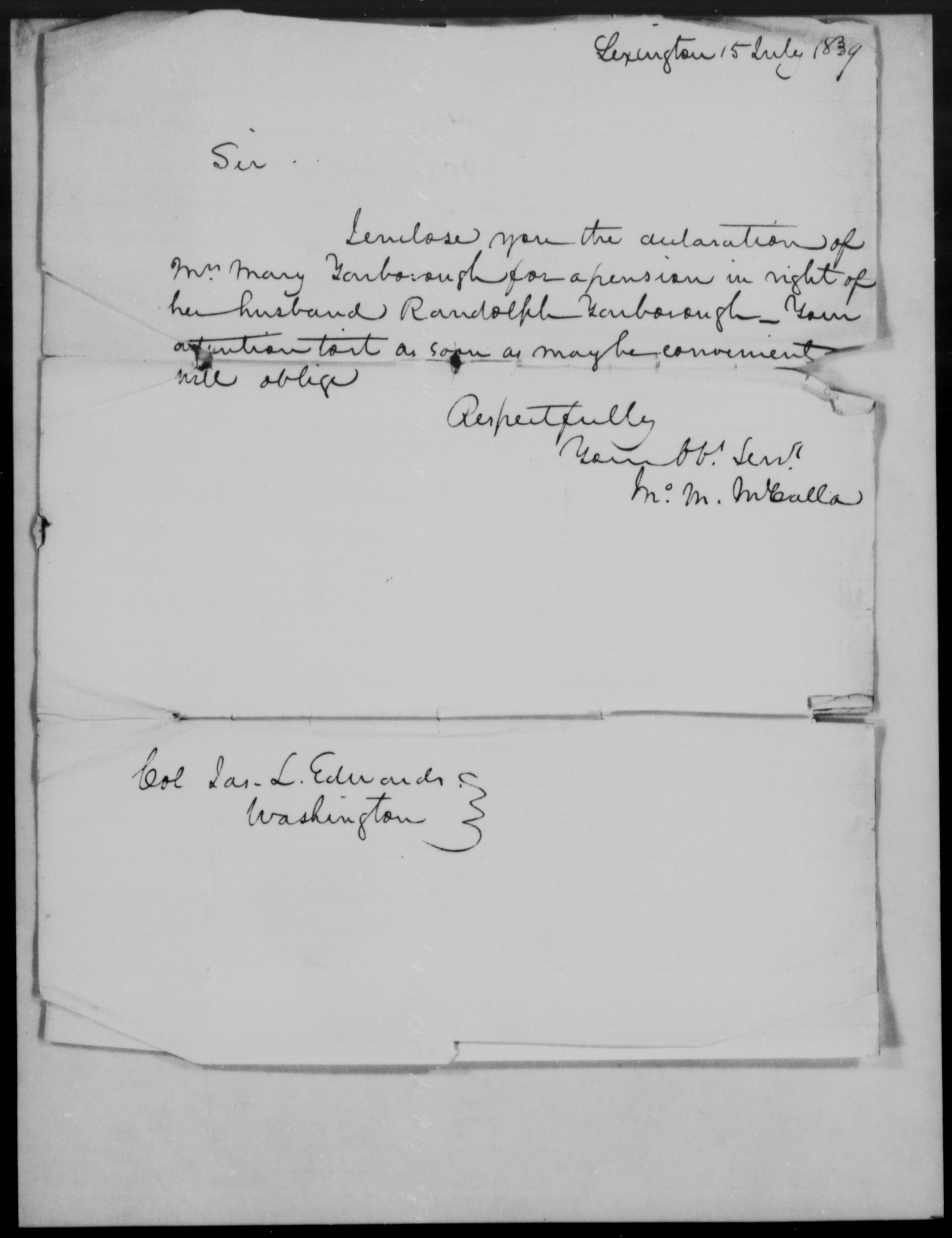 Letter from John M. McCalla to James L. Edwards, 15 July 1839, page 1