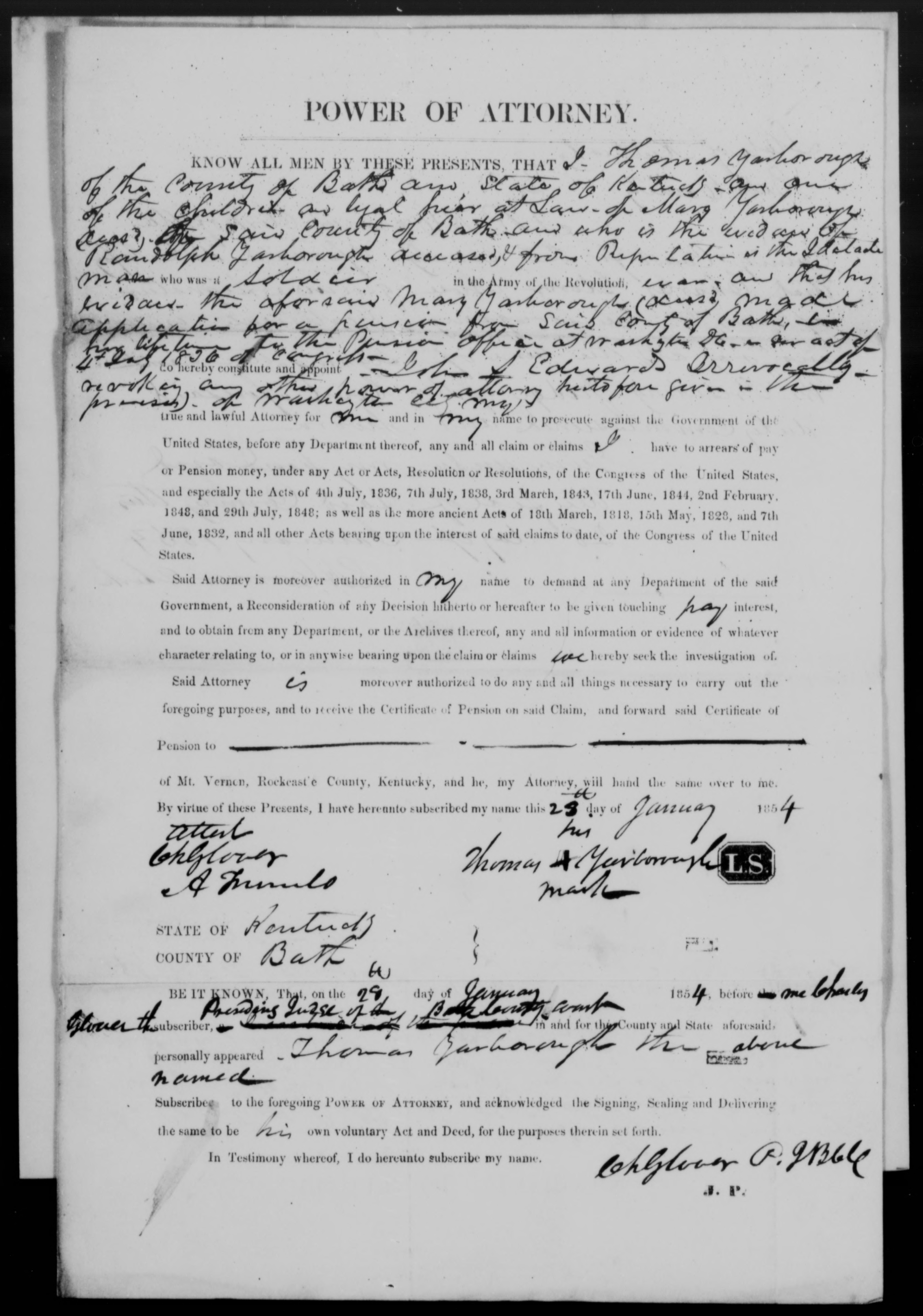 Appointment of John S. Edwards as Thomas Yarborough's Power of Attorney, 28 January 1854, page 1