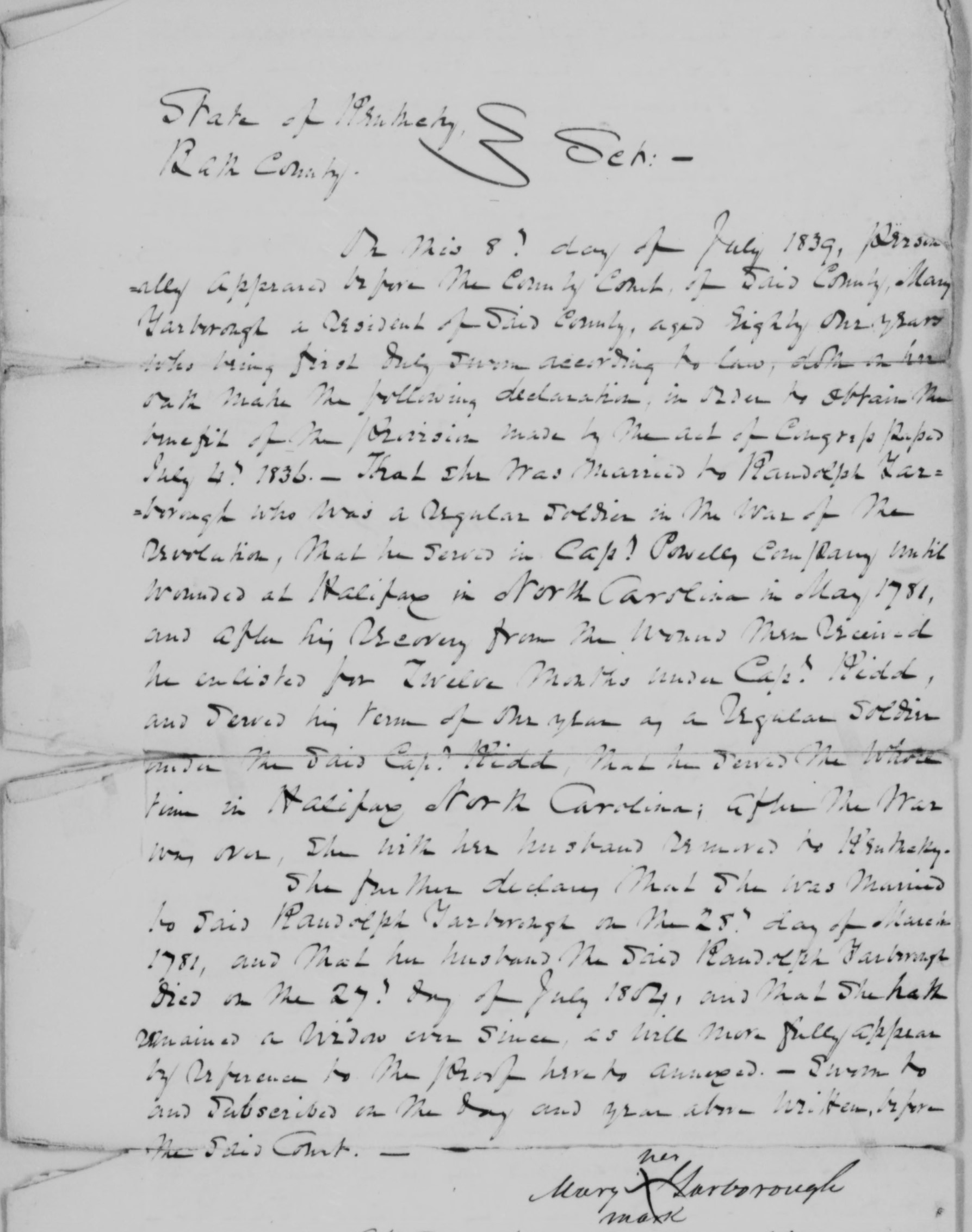 Application for a Widow's Pension from Mary Yarborough, 8 July 1839, page 1