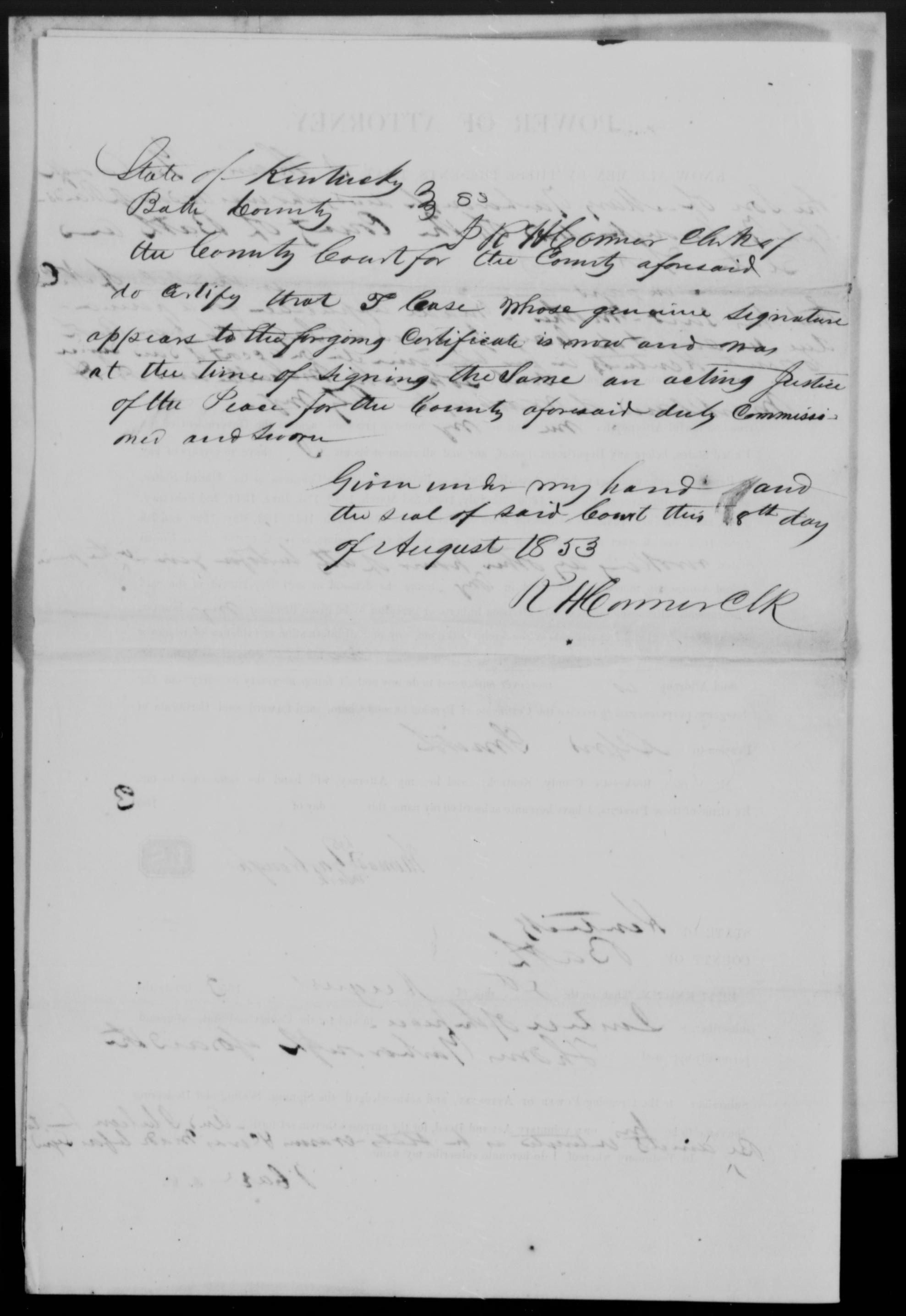 Appointment of John M. McCalla and A. H. Markland as Thomas Yarborough's Power of Attorney, 8 August 1853, page 2