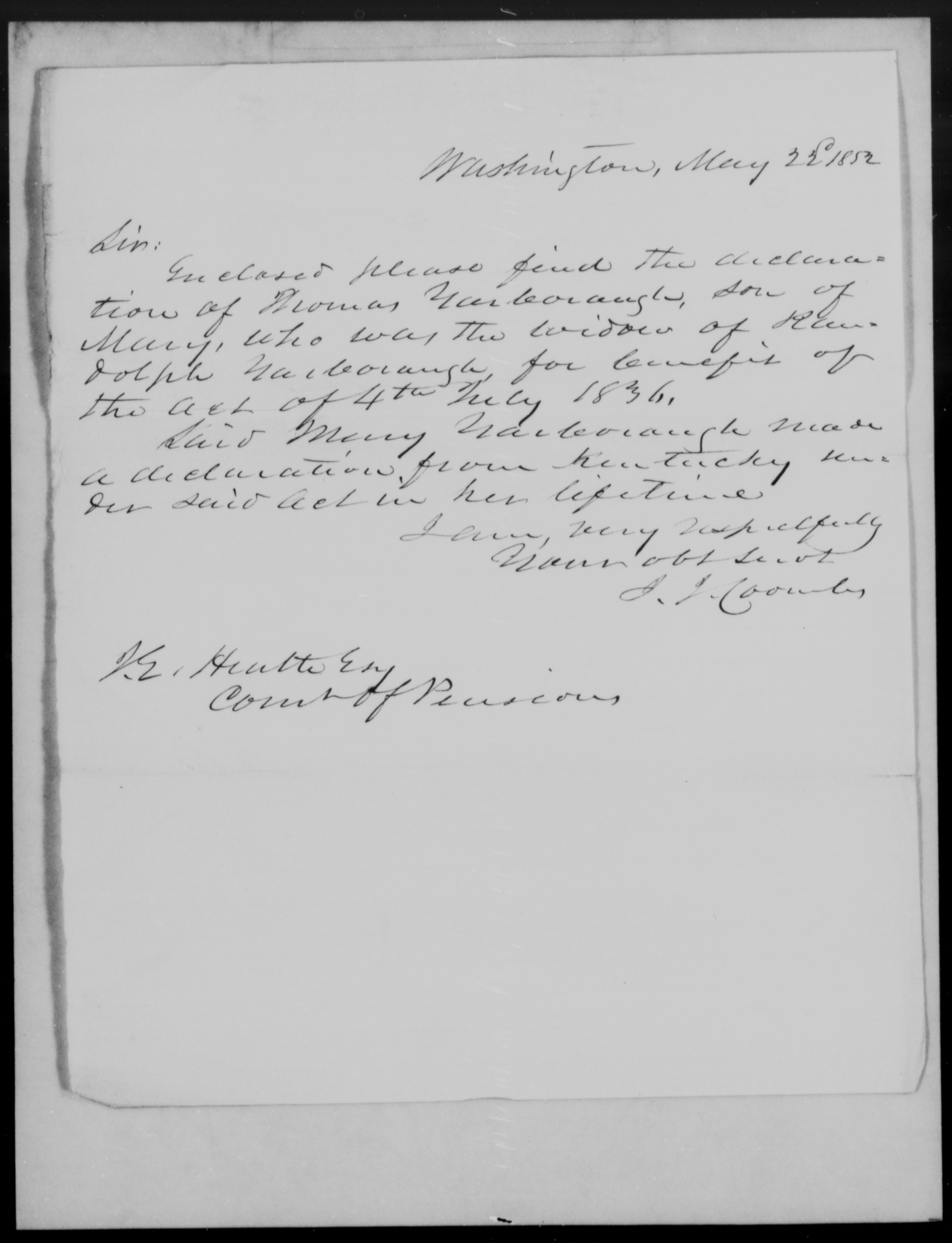 Letter from J. J. Combs to James Ewell Heath, 22 May 1852