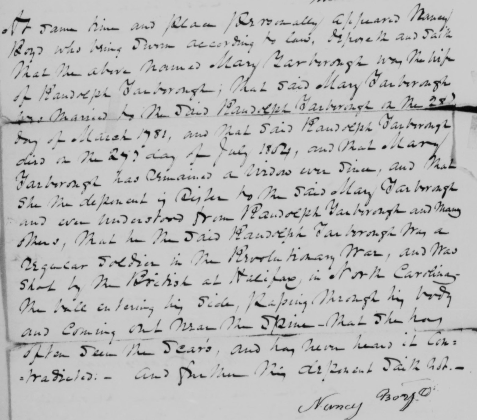 Affidavit of Nancy Boyd in support of a Pension Claim for Mary Yarborough, 8 July 1839
