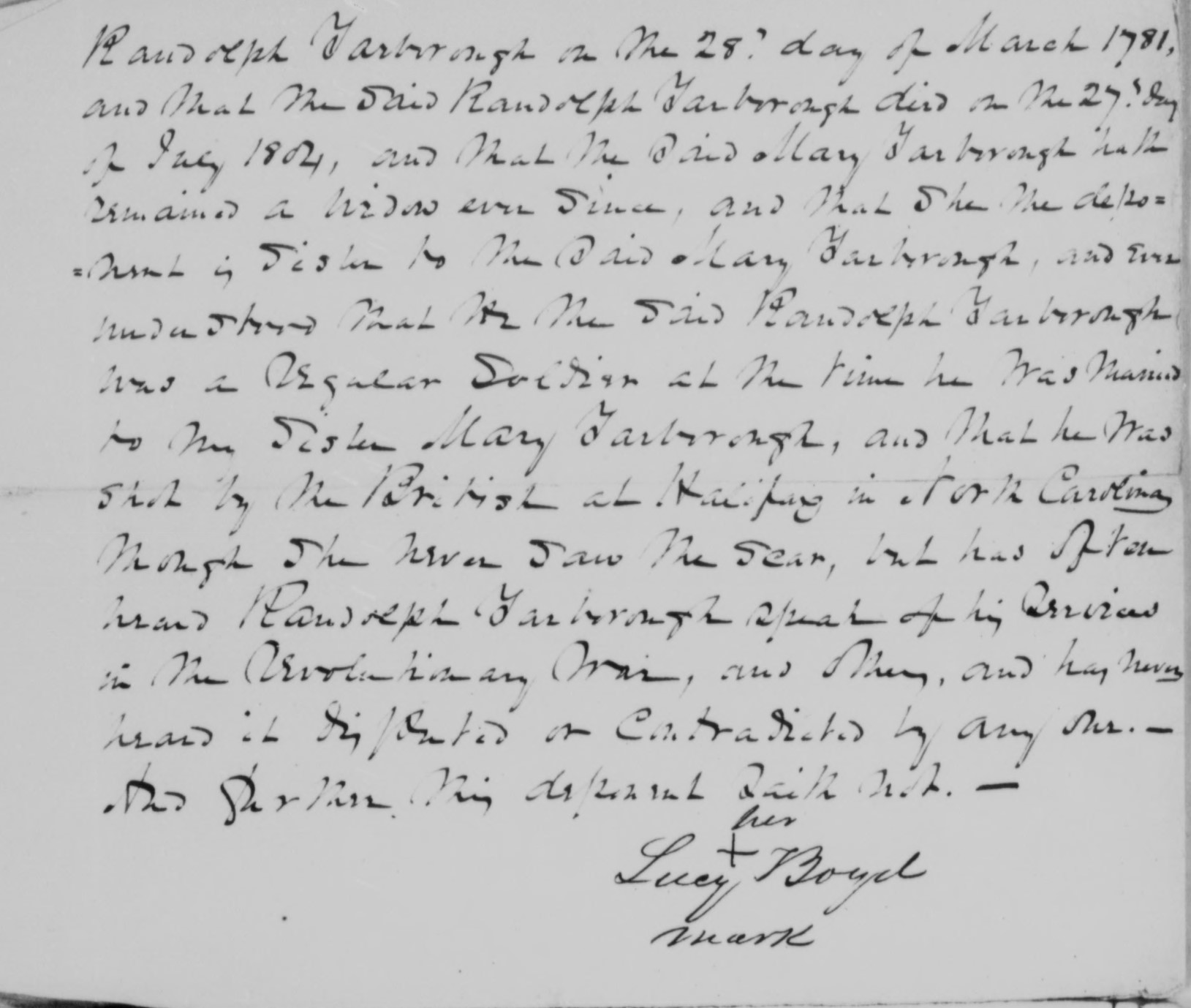 Affidavit of Lucy Boyd in support of a Pension Claim for Mary Yarborough, 8 July 1839, page 2