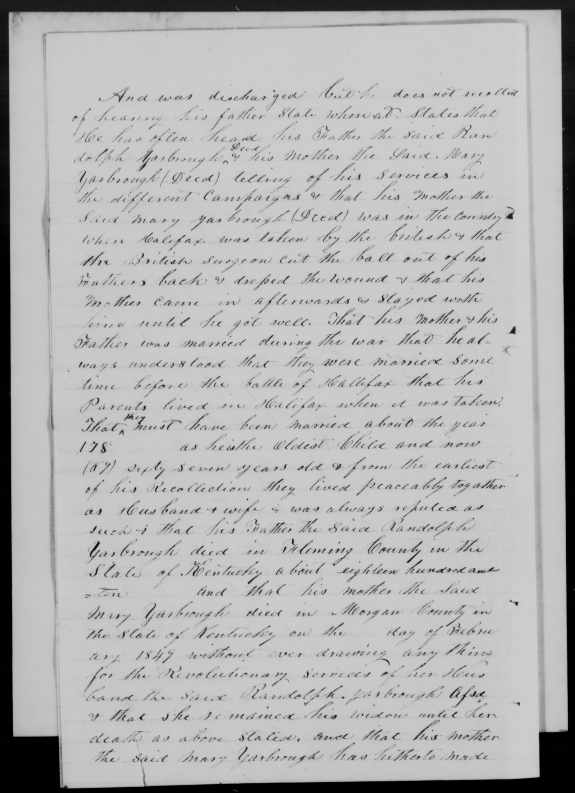 Affidavit of Thomas Yarborough in support of a Pension Claim for Mary Yarborough, 27 April 1852, page 2