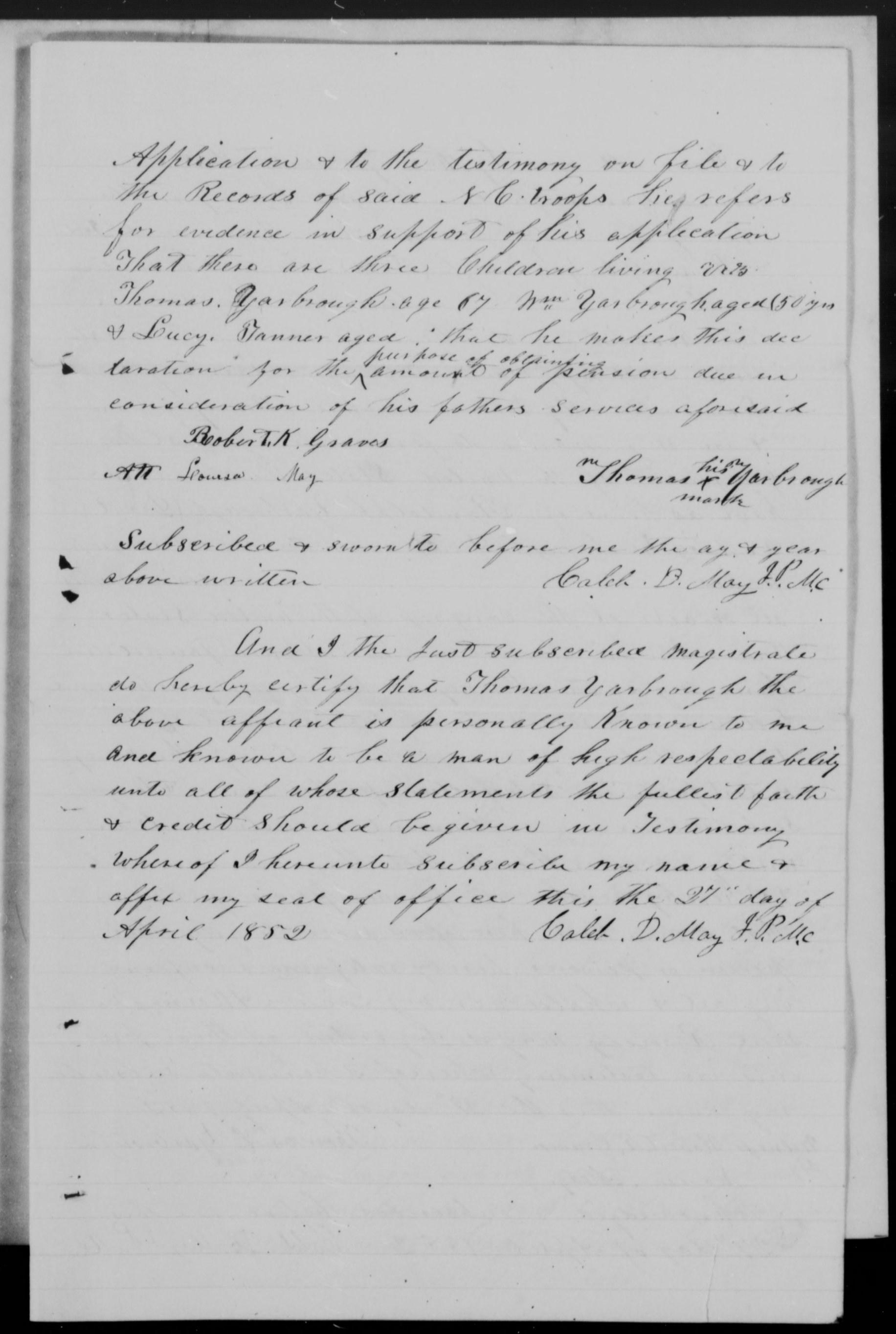 Affidavit of Thomas Yarborough in support of a Pension Claim for Mary Yarborough, 27 April 1852, page 3