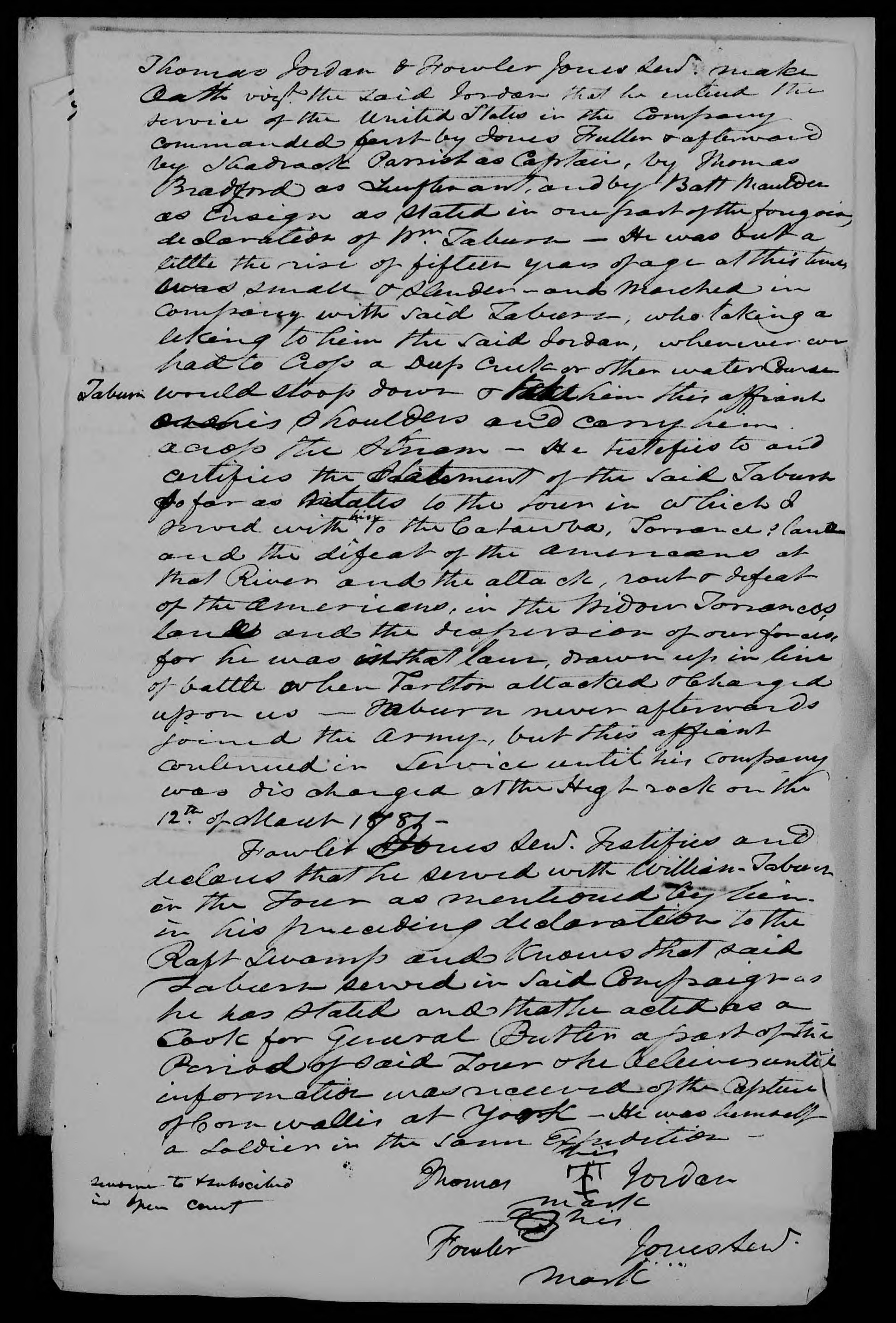 Affidavit of Thomas Jordan and Fowler Jones in support of a Pension Claim for William Taburn, 10 August 1832