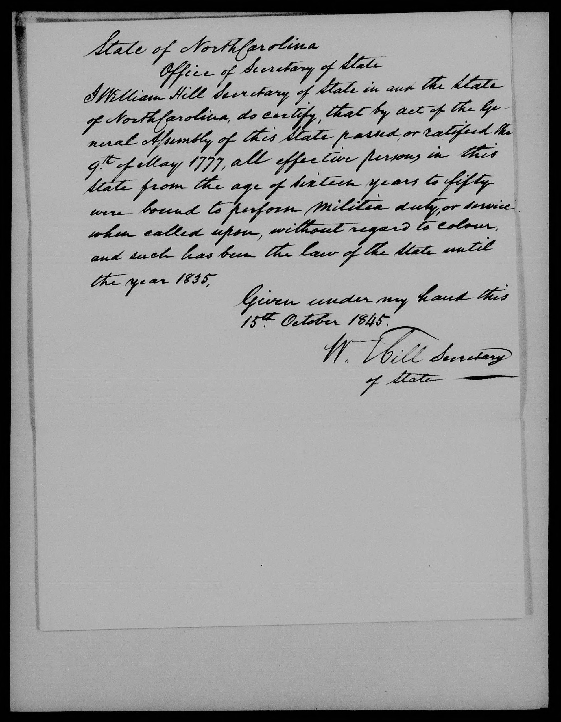 Proof of Service for William Taburn, 15 October 1845