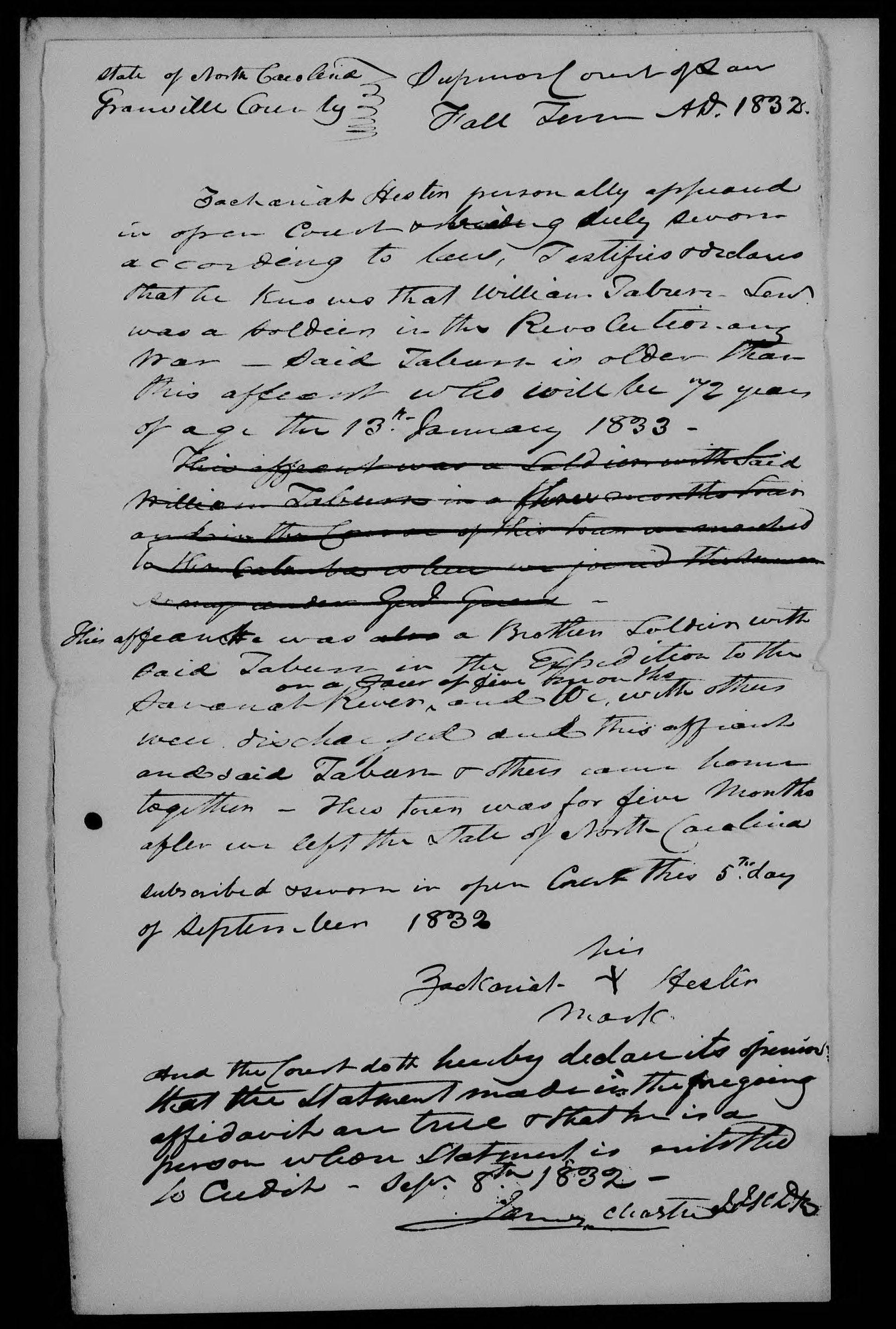 Affidavit of Zachariah Hester in support of a Pension Claim for William Taburn, 5 September 1832, page 1