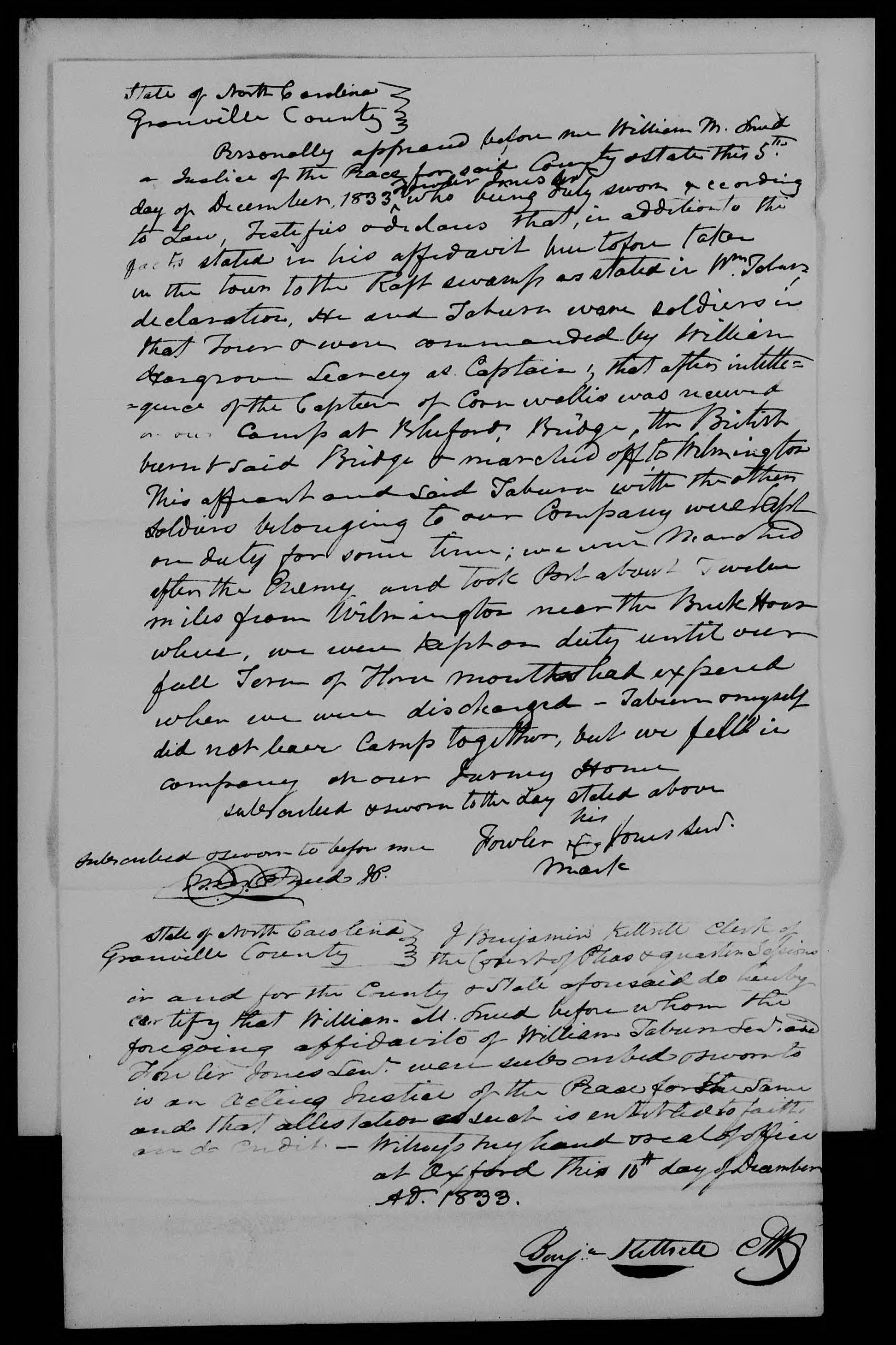 Affidavit of Fowler Jones in support of a Pension Claim for William Taburn, 5 December 1833