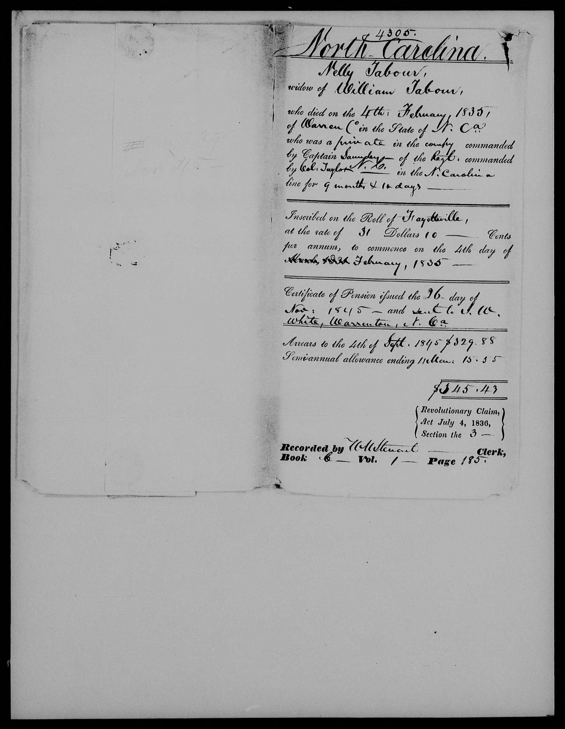 Docket for Pension from the U.S. Pension Office for Nelly Taburn, 26 November 1845