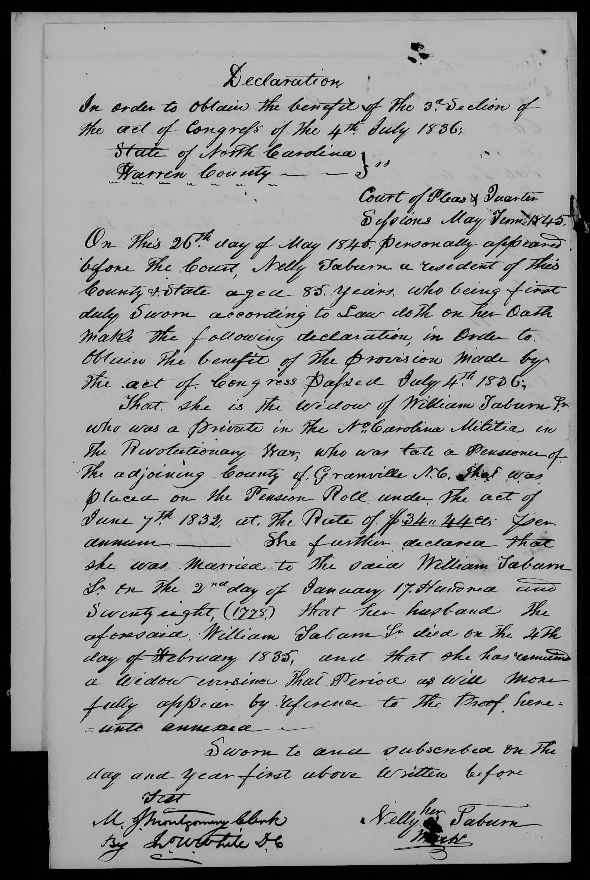 Application for a Widow's Pension from Nelly Taburn, 26 May 1845, page 1