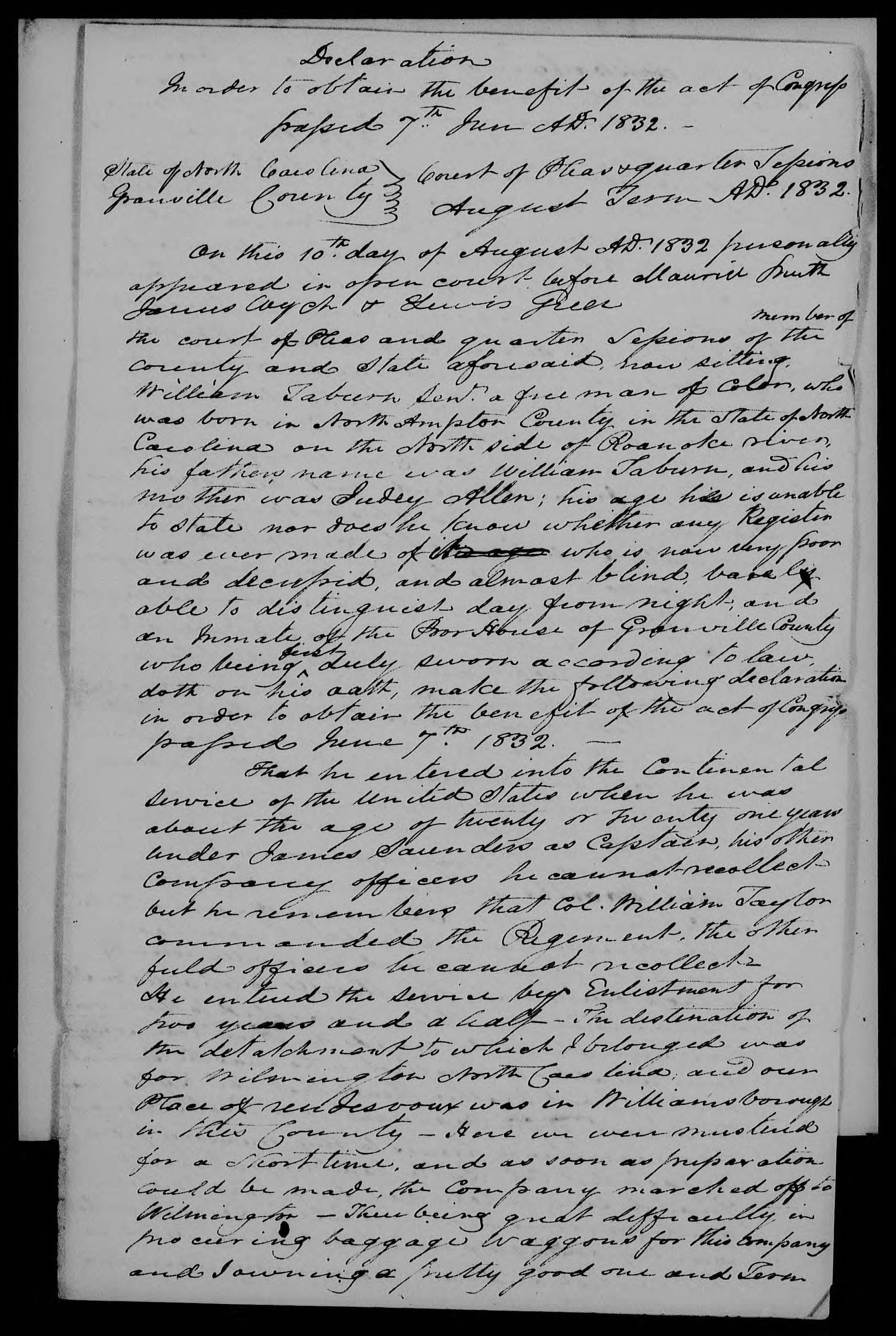 Application for a Veteran's Pension from William Taburn, 10 August 1832, page 1