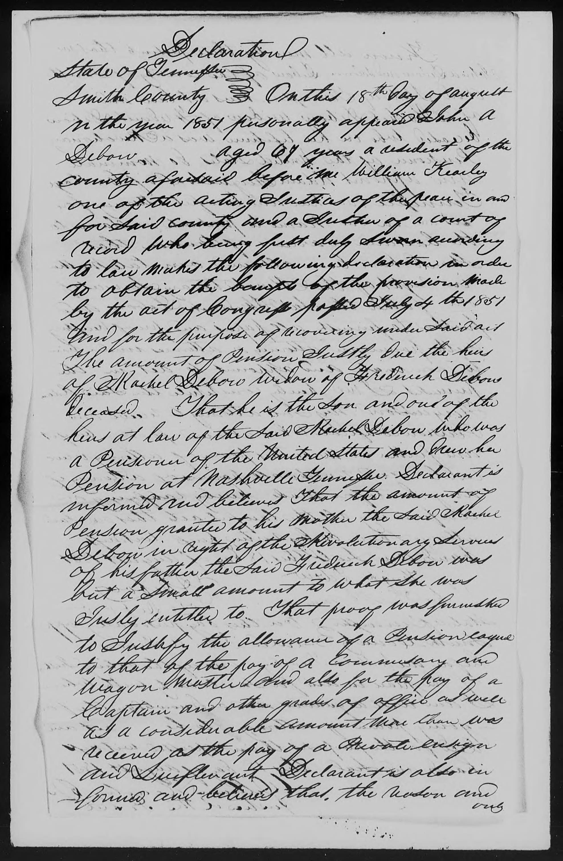 Declaration of John A. Debow to the U.S. Pension Office, 18 August 1851, page 1