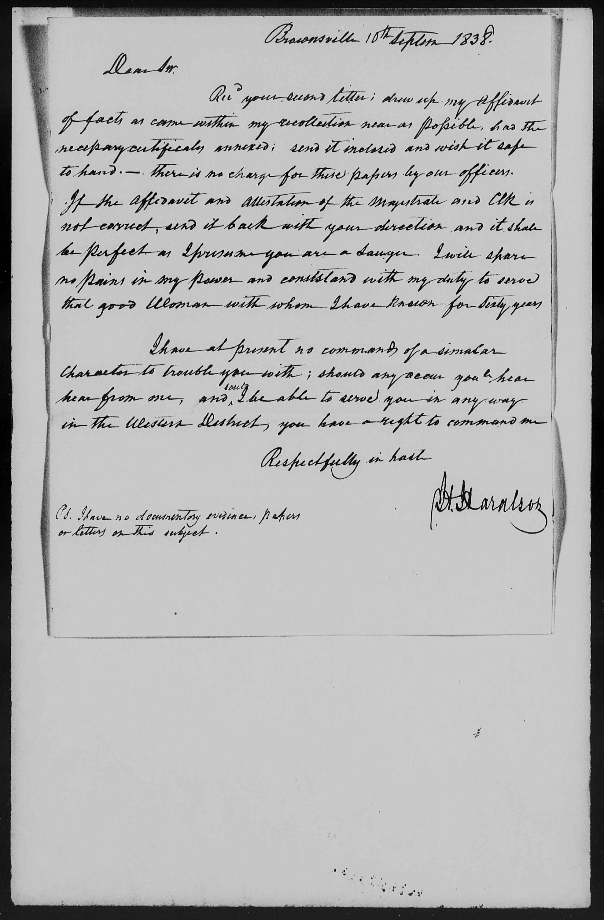 Letter from Herndon Haralson to Adam Ferguson, 10 September 1838, page 1
