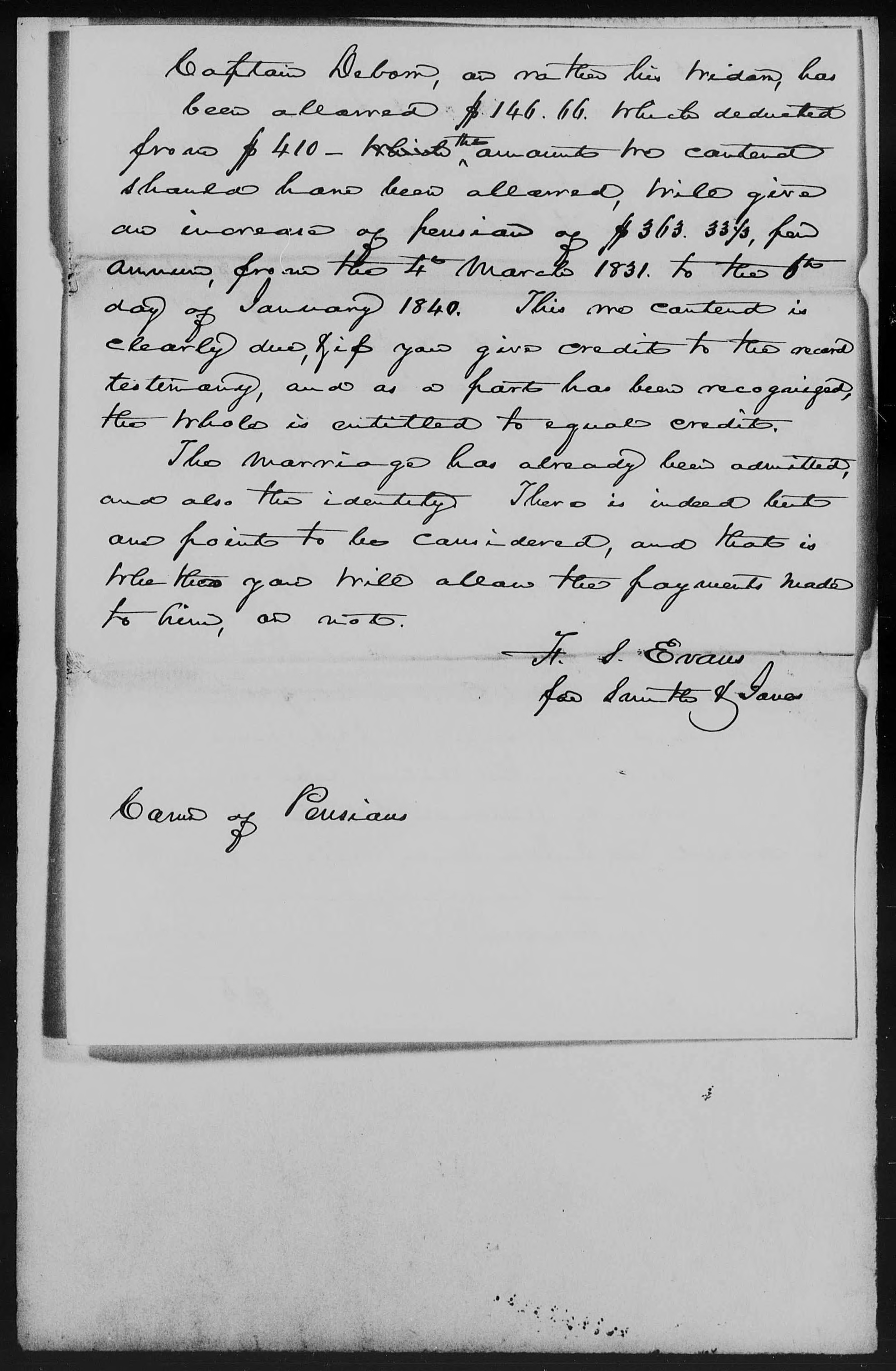 Report of the Pension of Rachel Debow from H. S. Evans to James Ewell Heath, circa 1851, page 3