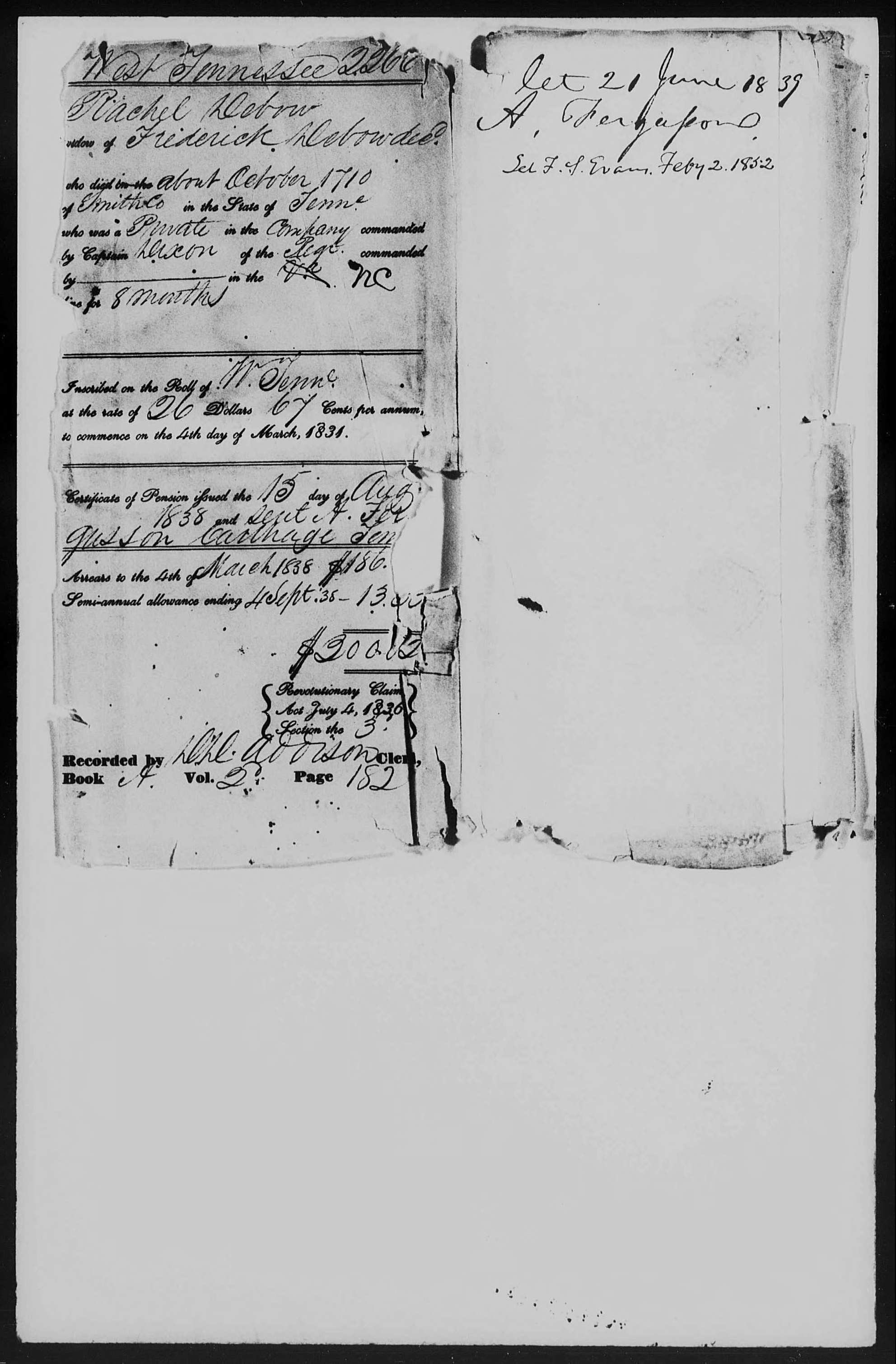 Docket for Widow's Pension from the U.S. Pension Office for Rachel Debow, 15 August 1838
