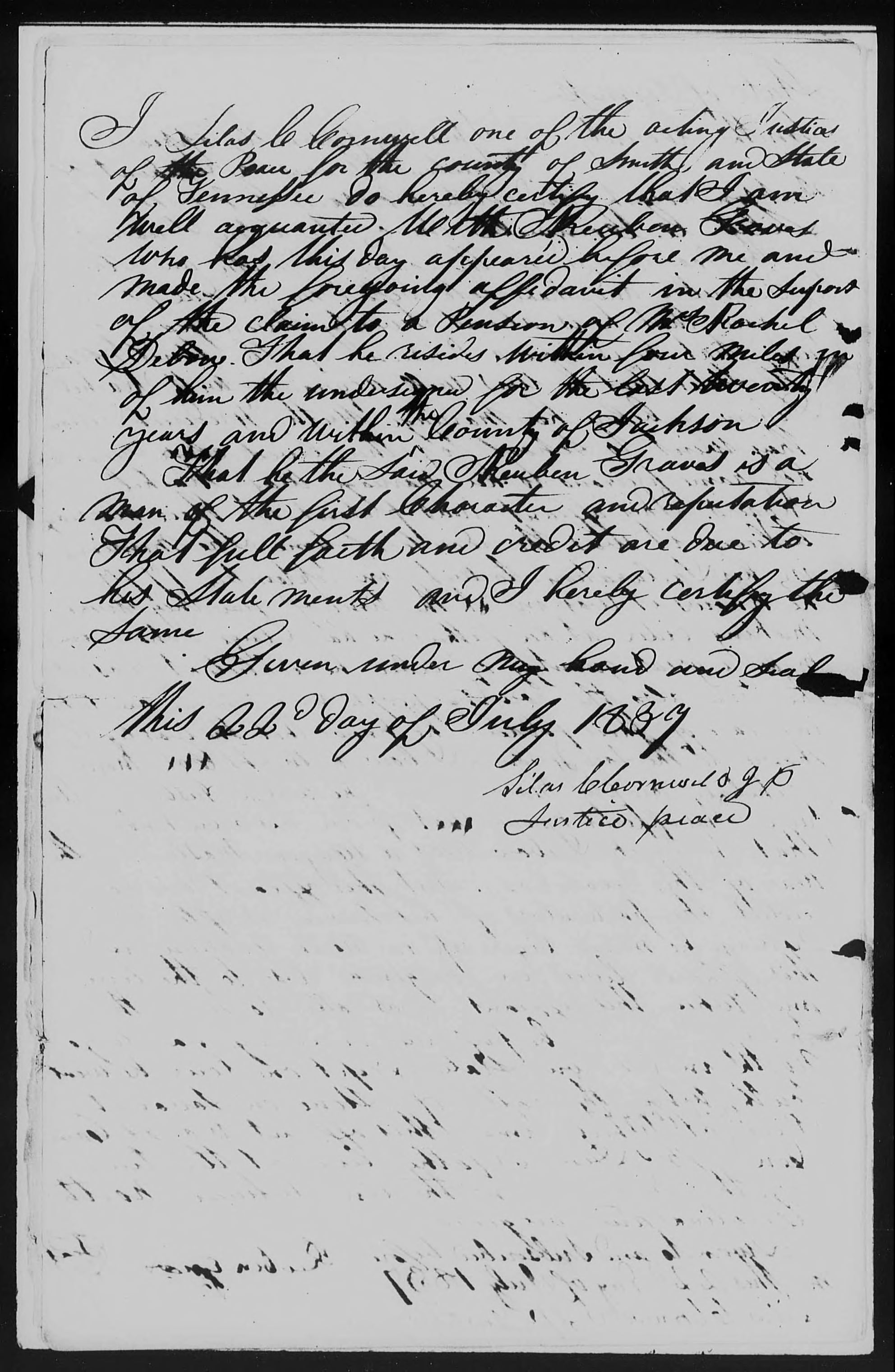 Affidavit of Reuben Graves in support of a Pension Claim for Rachel Debow, 22 July 1837, page 2