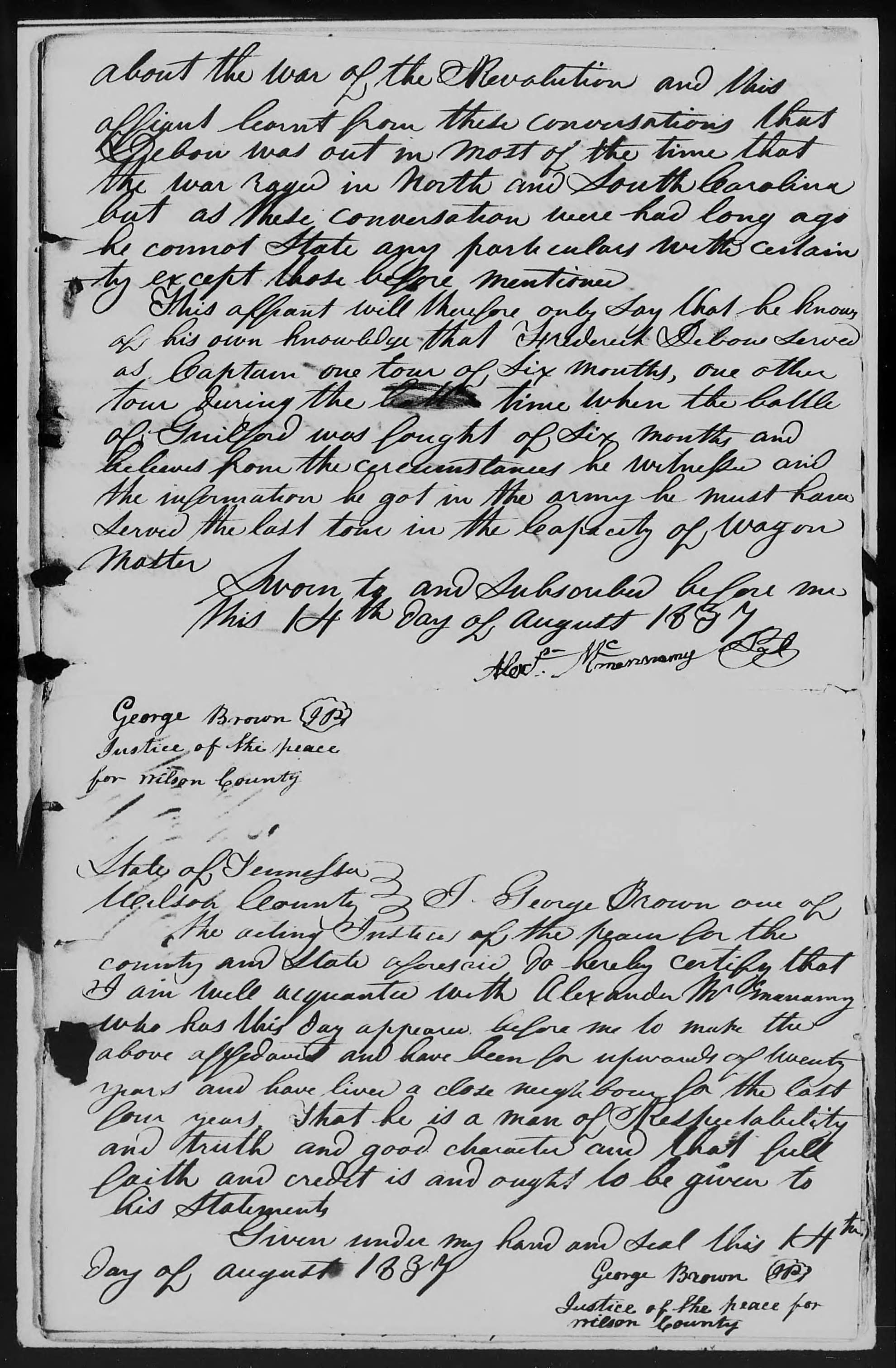 Affidavit of Alexander McMennamy in support of a Pension Claim for Rachel Debow, 14 August 1837, page 3