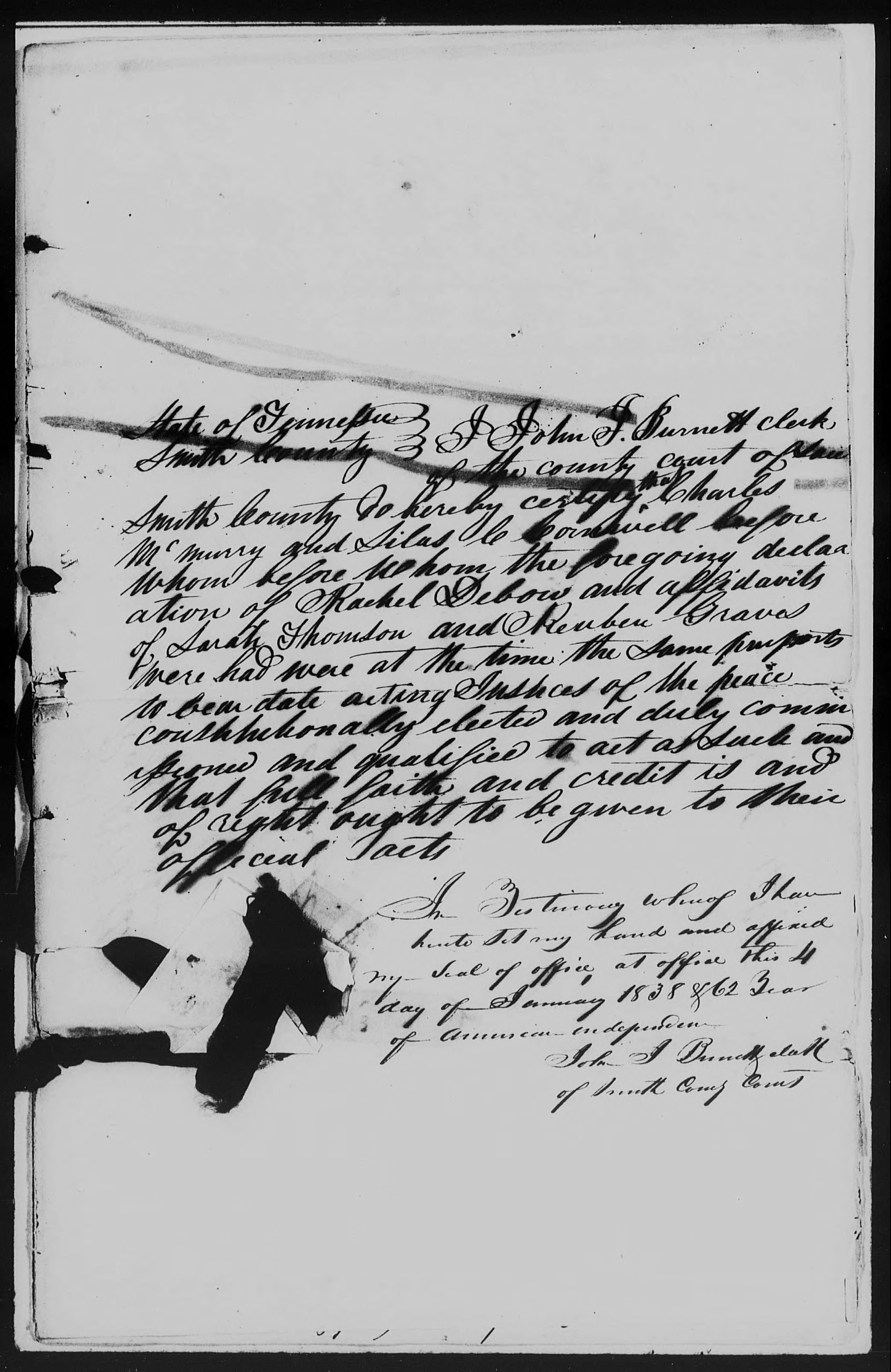 Affidavit of Reuben Graves in support of a Pension Claim for Rachel Debow, 22 July 1837, page 3