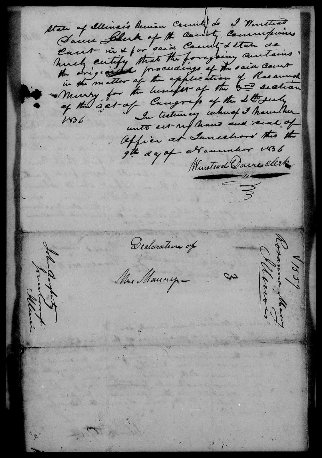 Application for a Widow's Pension from Rosana Murray, 9 November 1836, page 3